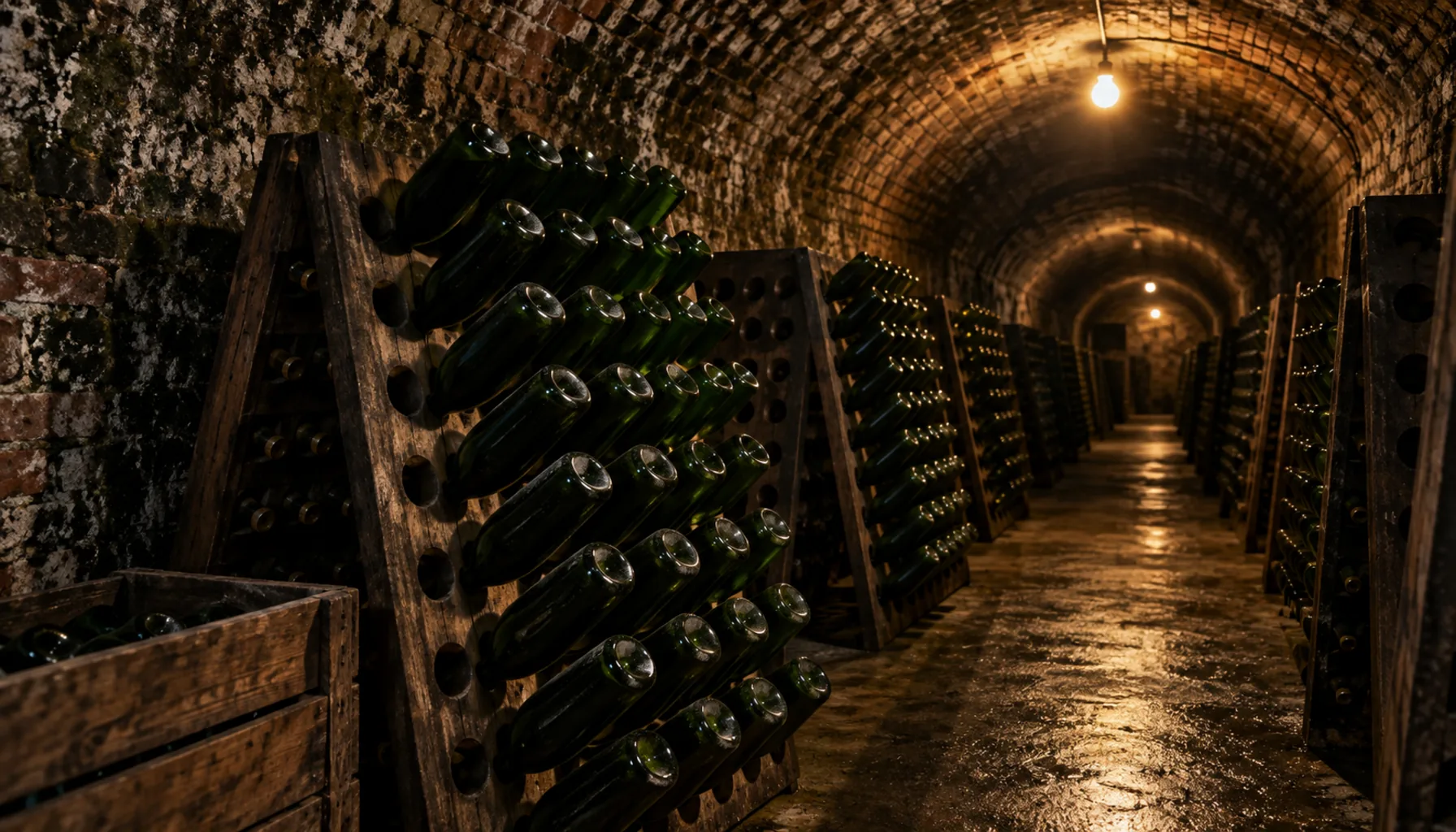 Bottles of sparkling wine resting neck-down in wooden riddling racks in a cellar in Sereď, where Slovakia's oldest sekt has been made since 1950