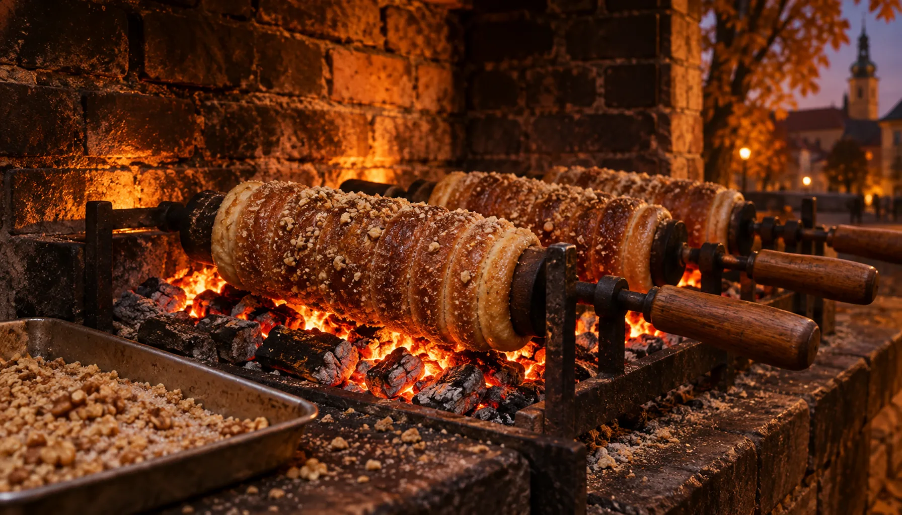 Skalický trdelník: rings of yeast dough wound on wooden rollers and turned over glowing embers