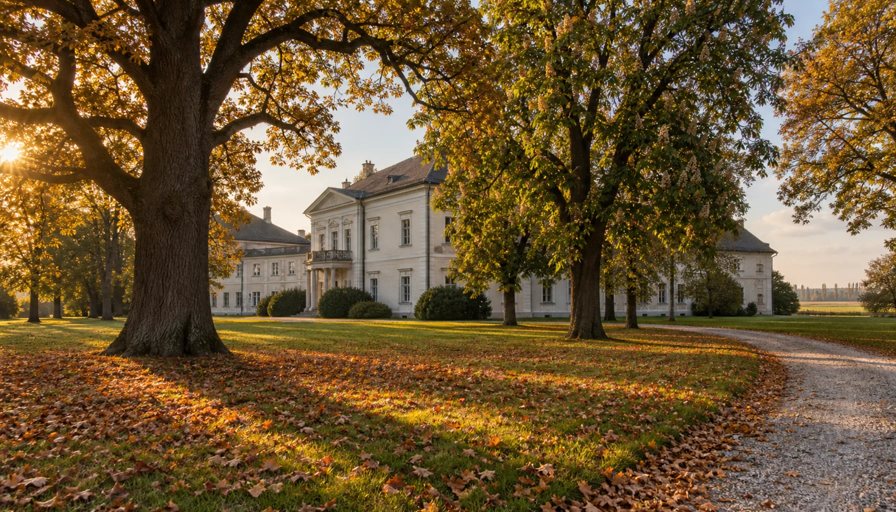 The Kuffner manor house in Sládkovičovo, built by the family that ran the town's sugar refinery, seen through its park in autumn