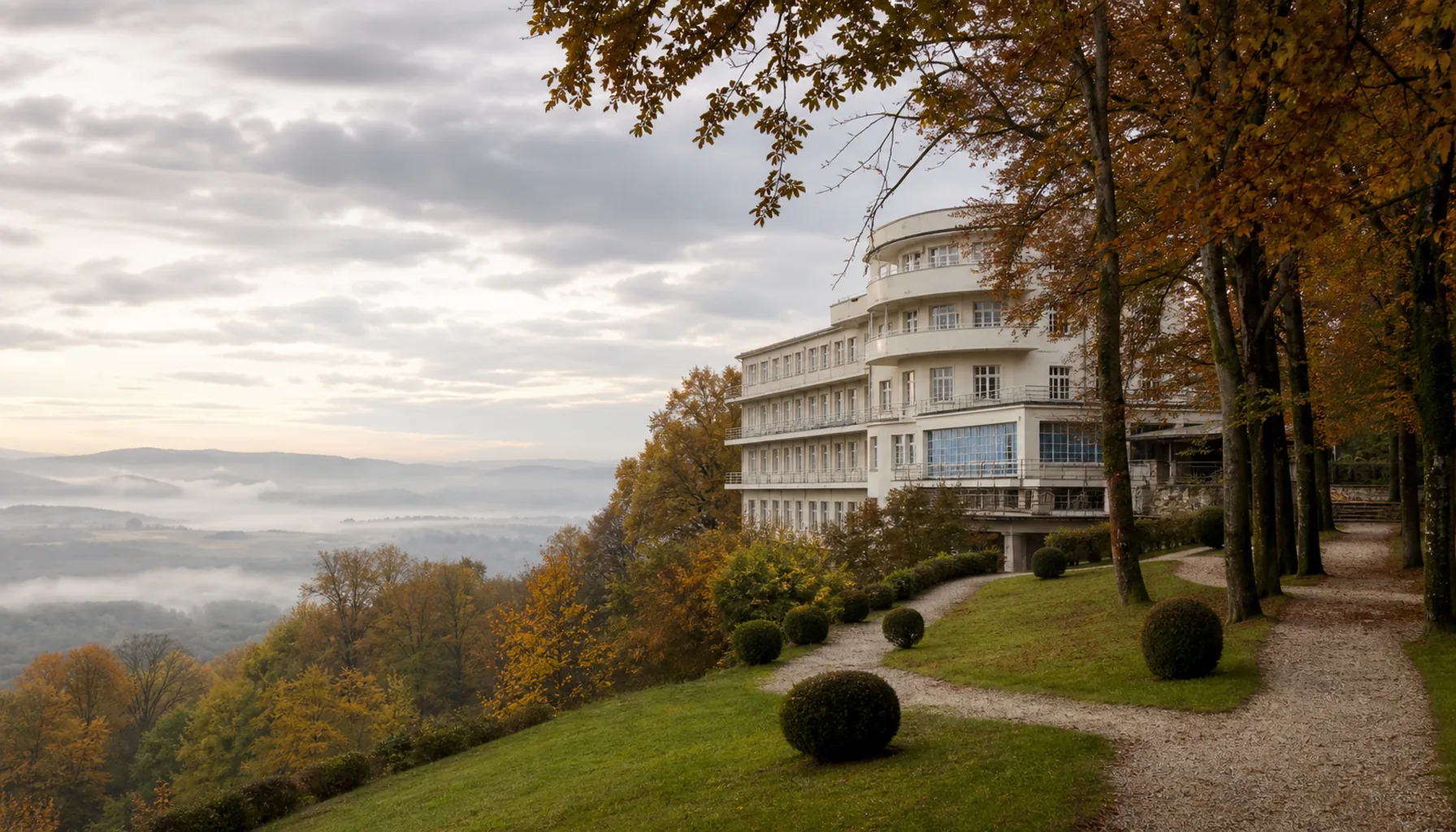 The Palace, the 1930s sanatorium that still dominates the spa terrace at Sliač, standing above the springs and the park