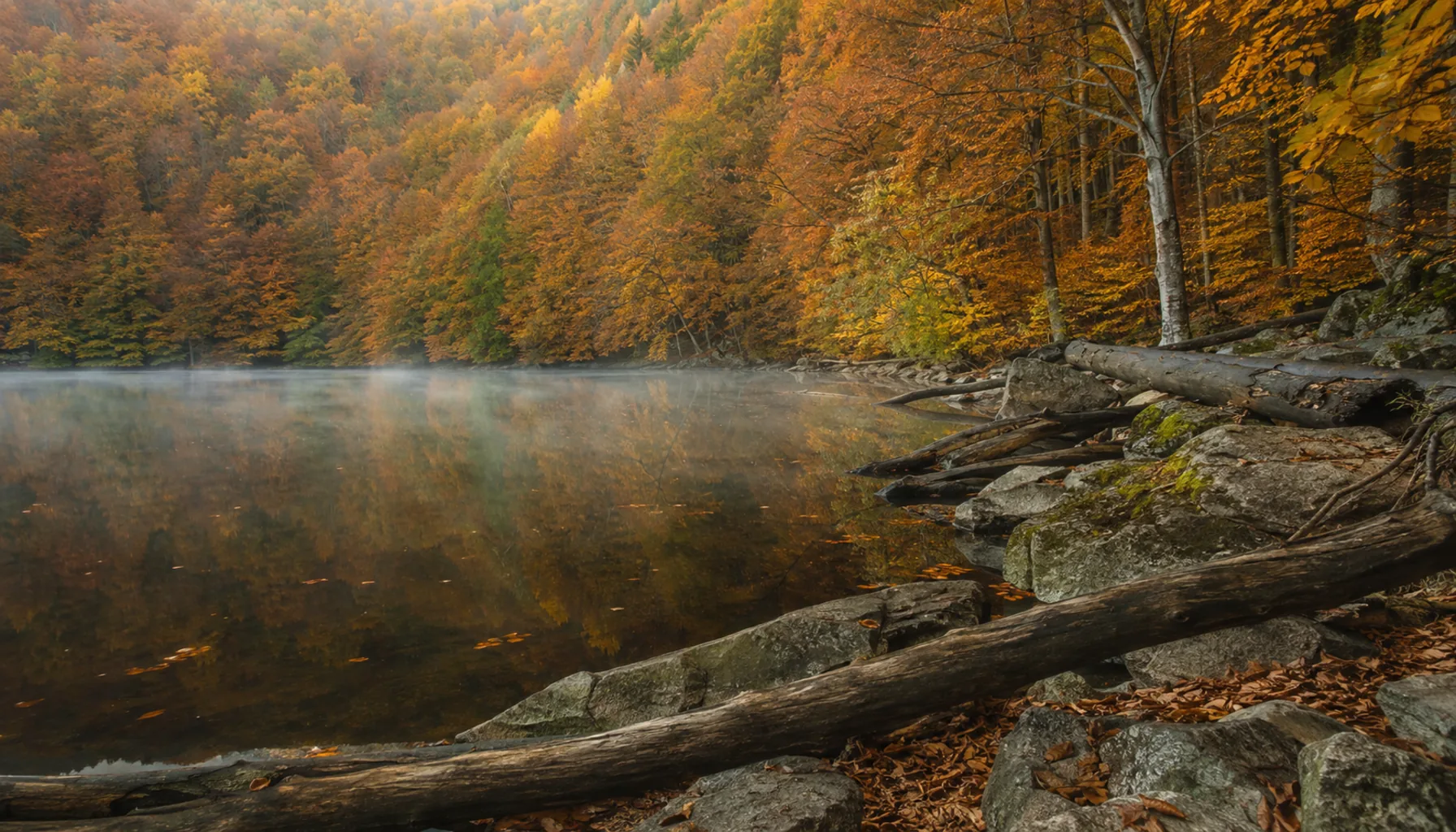 Morské oko, the volcanic lake held in the beech forest of the Vihorlat above Sobrance, with nothing built on its shore
