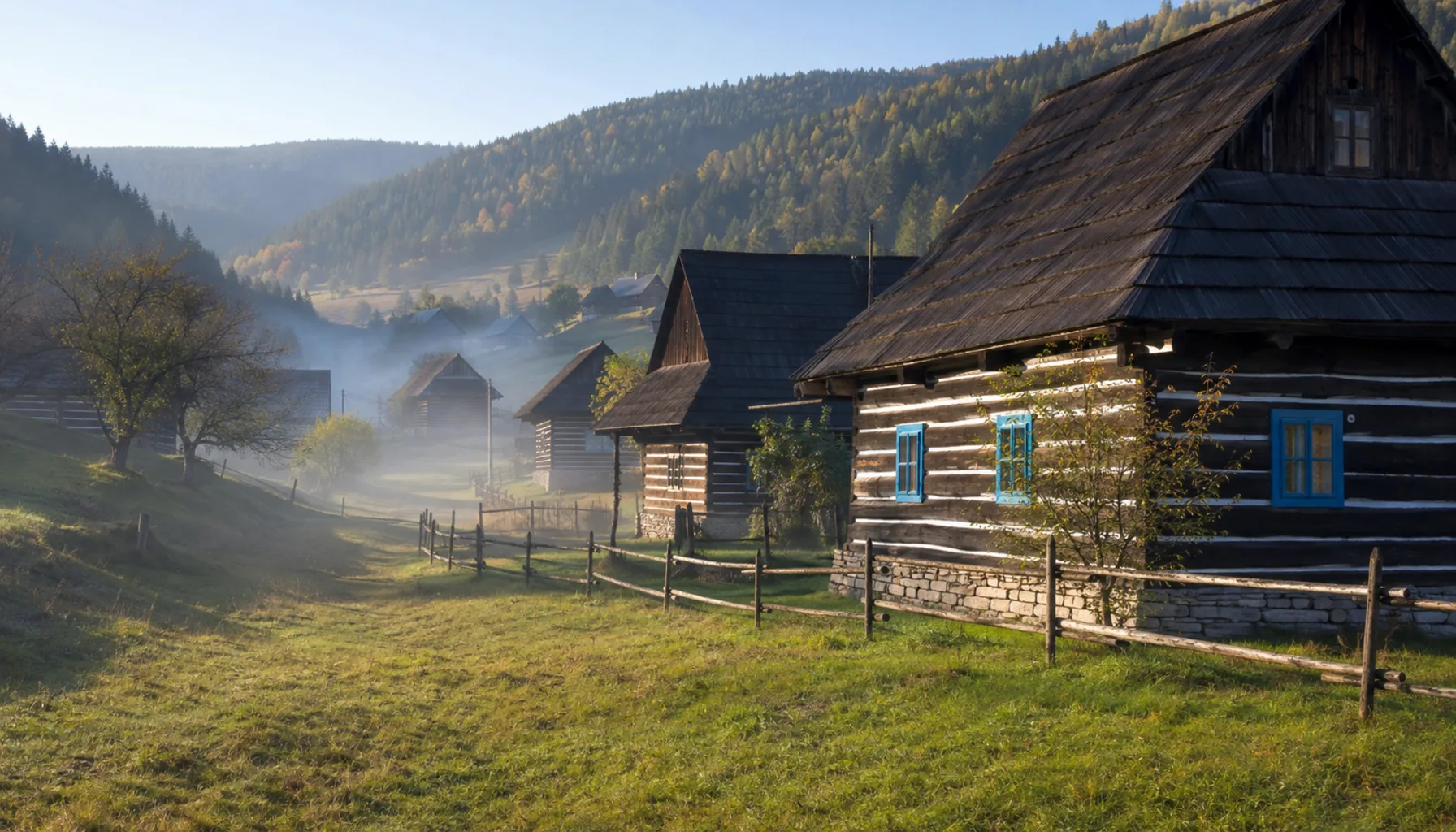 Goral log houses in Osturňa, the village of timber architecture in the hills west of Spišská Stará Ves