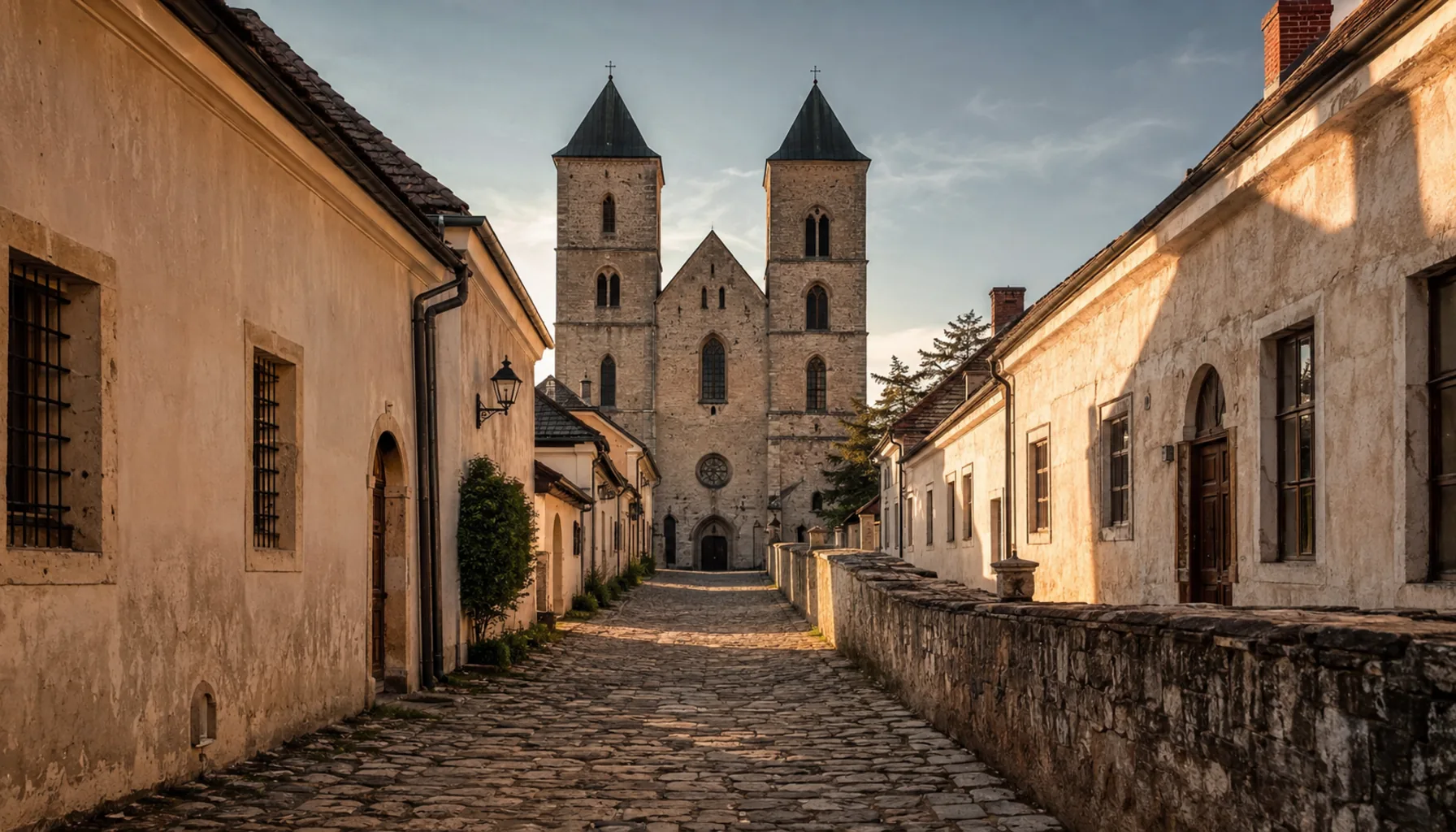 The one walled street of Spišská Kapitula on the ridge above Spišské Podhradie, closed at its head by the twin towers of St Martin's cathedral