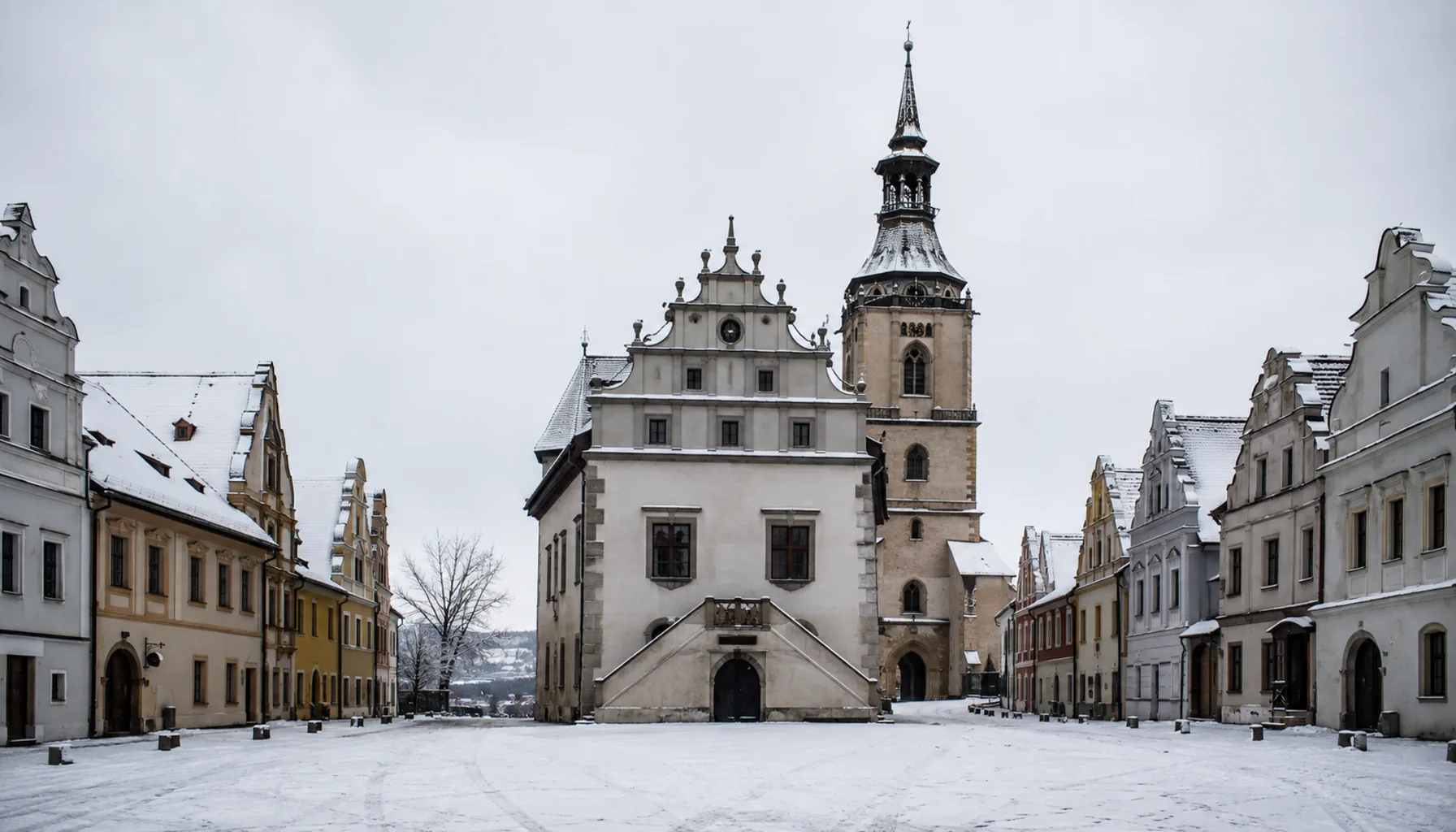 The free-standing town hall and gabled burgher houses of Spišské Vlachy, the Spiš square plan at a quarter of the usual size