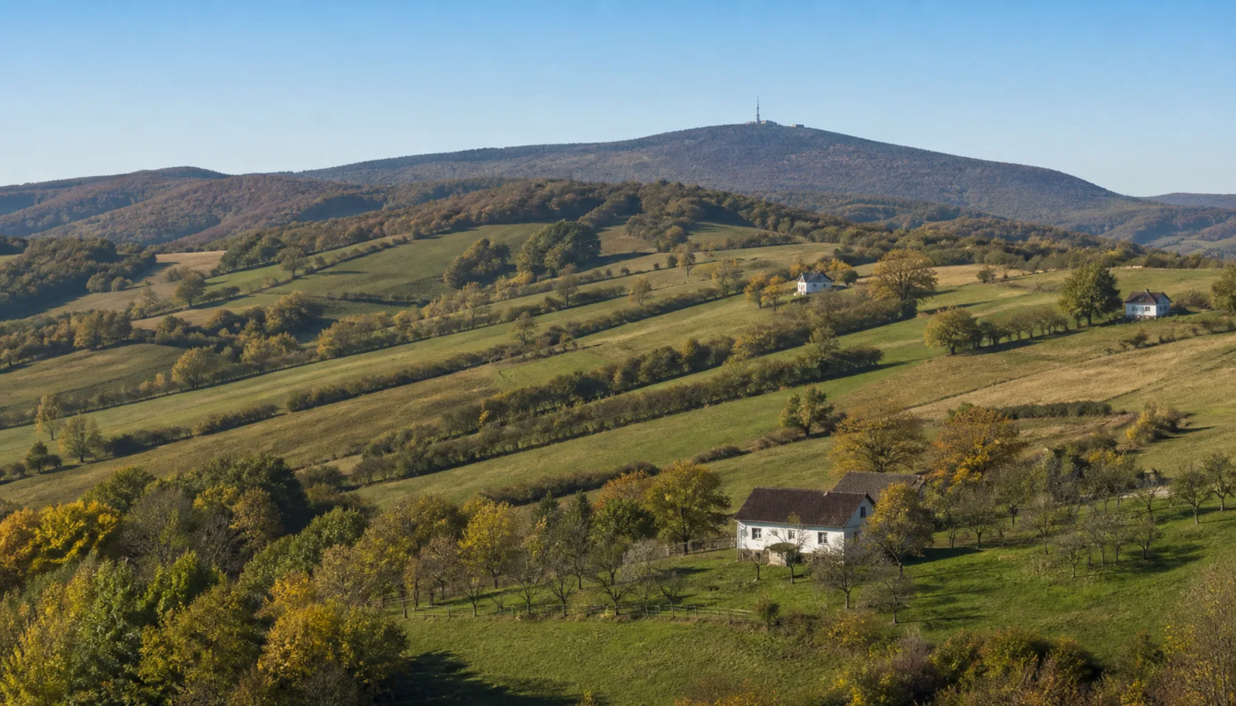 Kopanice farmsteads on the ridges above Stará Turá, with Veľká Javorina beyond