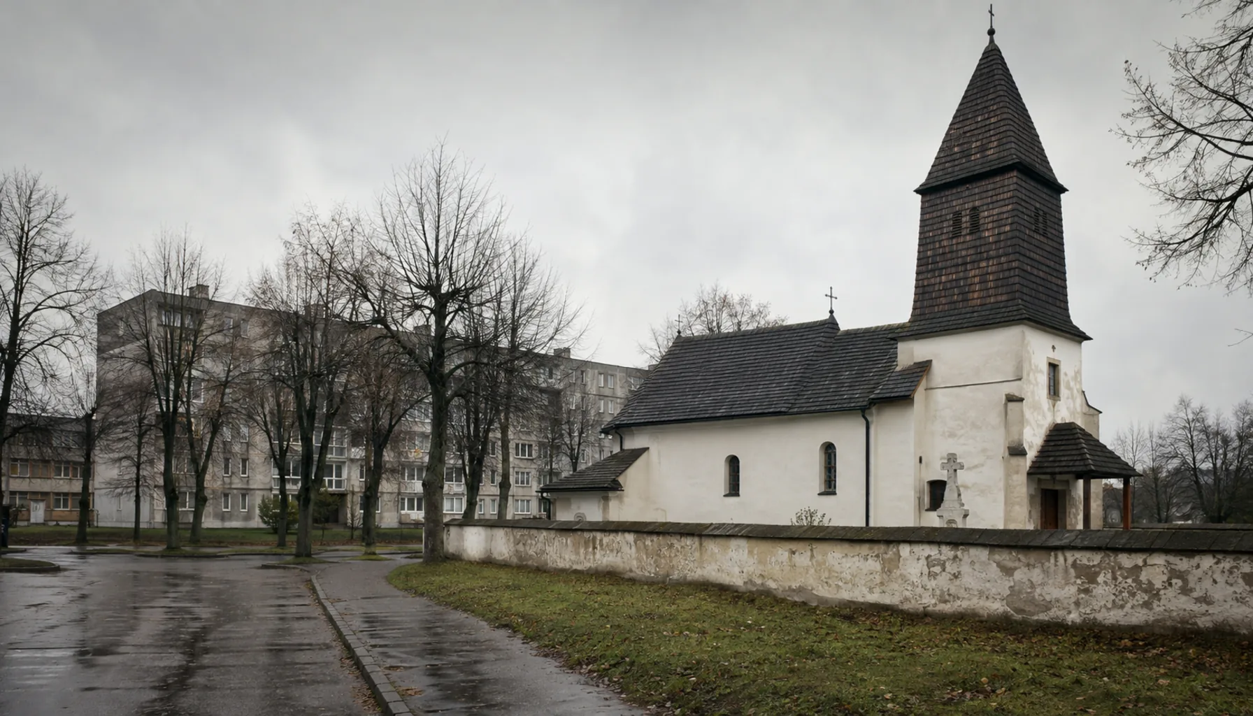 The old village church at the edge of Strážske, with the concrete blocks that turned a Laborec village into a town