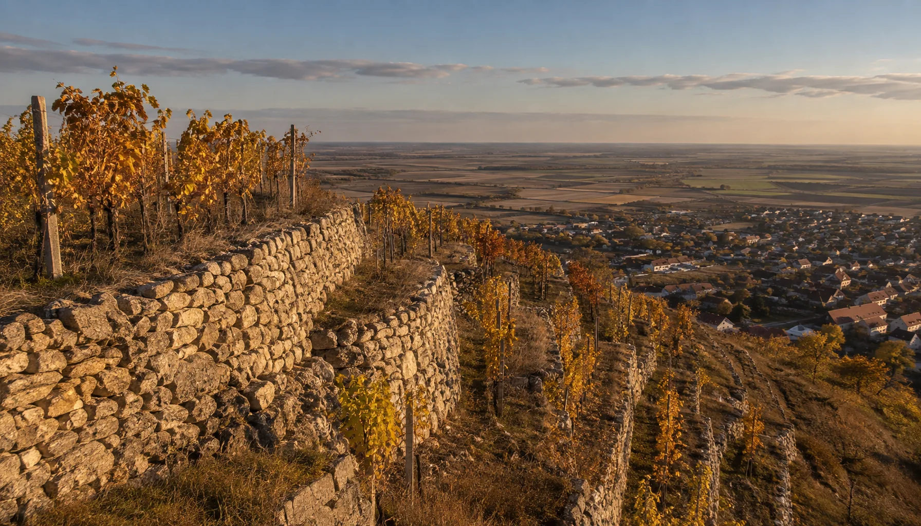 The dry-stone vineyard terraces above Svätý Jur, cut into the slope by hand and still walled the same way