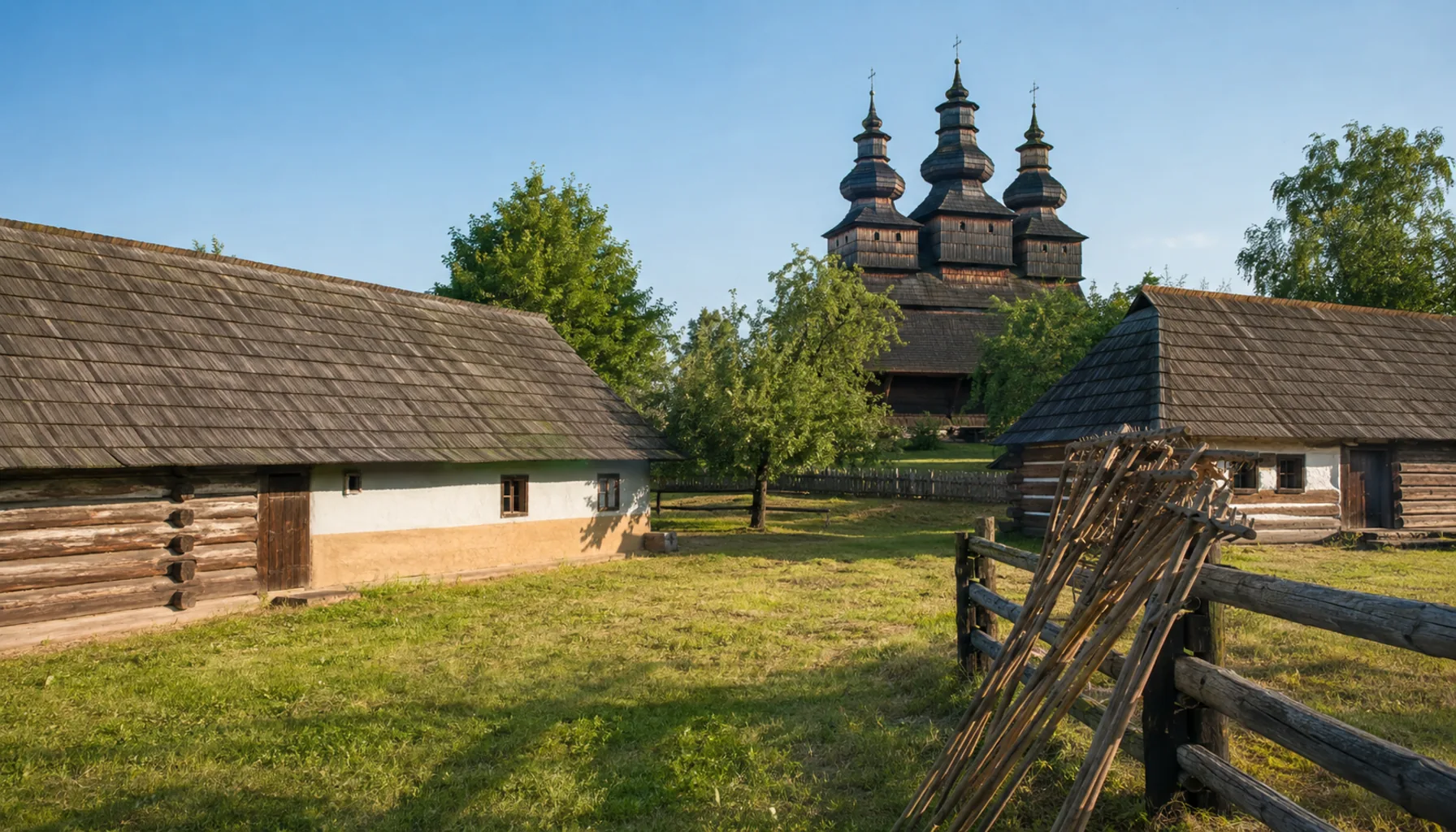Log farmsteads and a wooden church in Svidník's open-air museum of Rusyn and Ukrainian village architecture