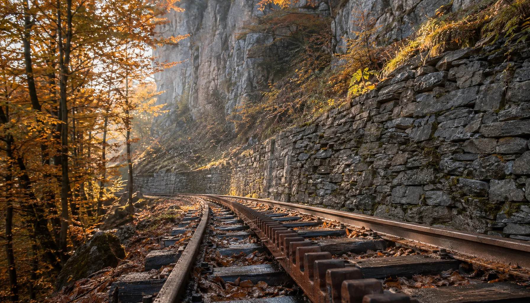 The toothed Abt rack between the rails on the climb above Tisovec, the only standard-gauge rack railway ever built in Slovakia