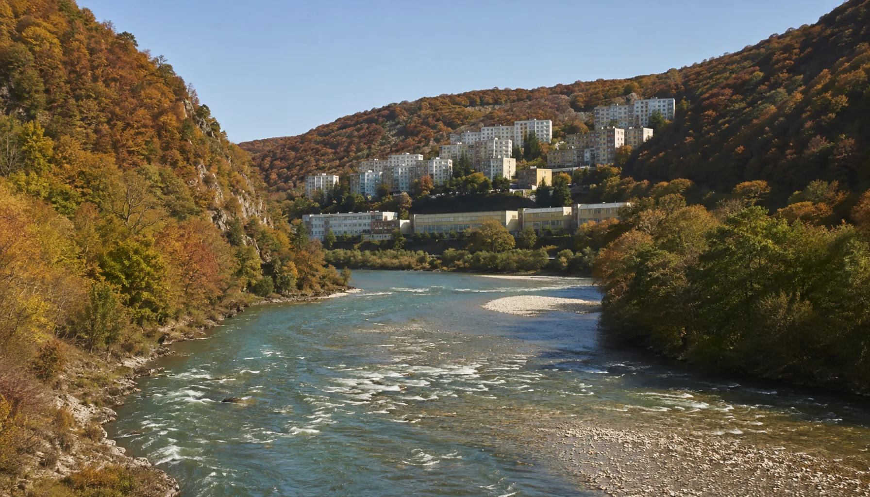 The Hron leaving the narrows of the Slovak Gate below the housing blocks of Tlmače