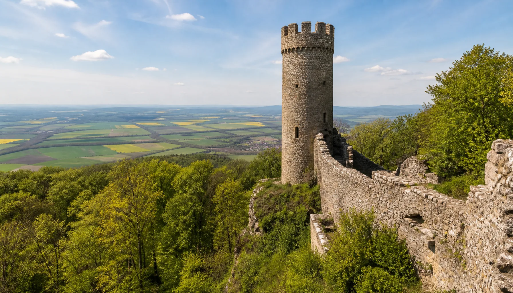 The ruin of Topoľčany castle above Podhradie, with the lookout tower rebuilt in romantic style in the nineteenth century