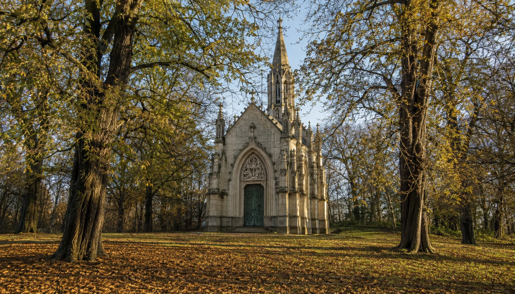 The Andrássy mausoleum at the far end of the manor park in Trebišov, built in neo-Gothic style in 1893