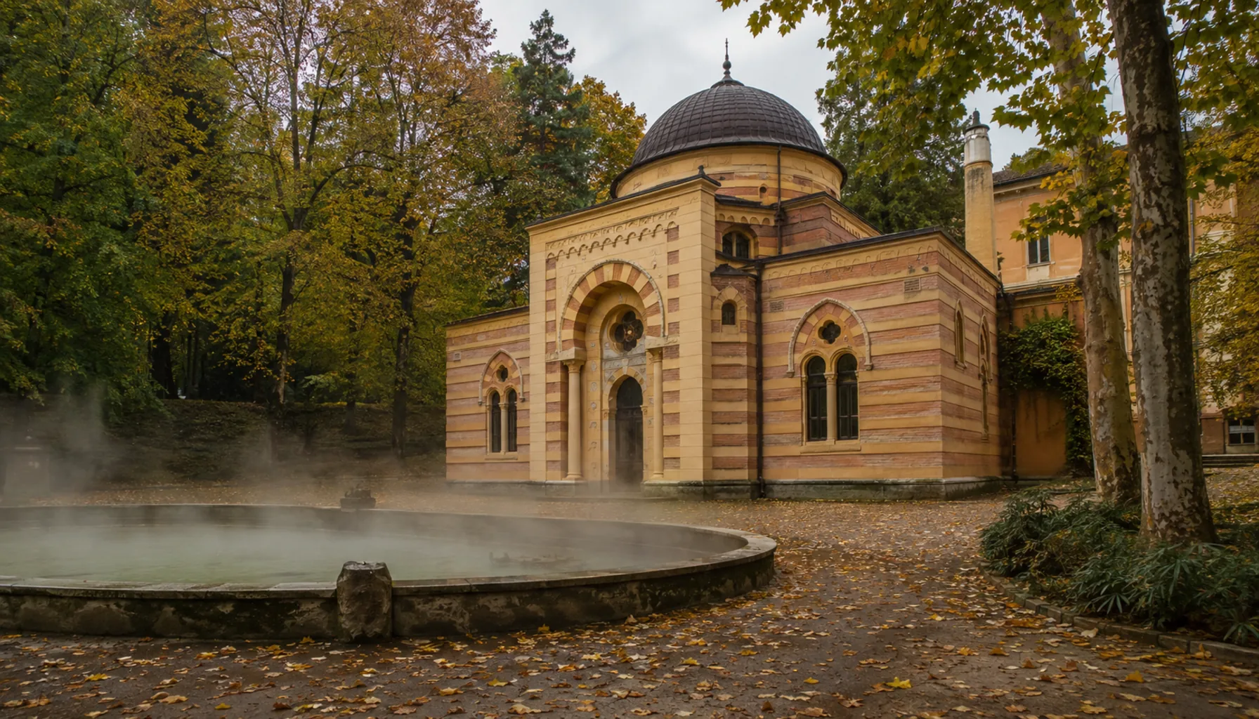 The Hammam bathhouse of 1888, built in Turkish-bath style, among the trees of the spa park at Trenčianske Teplice