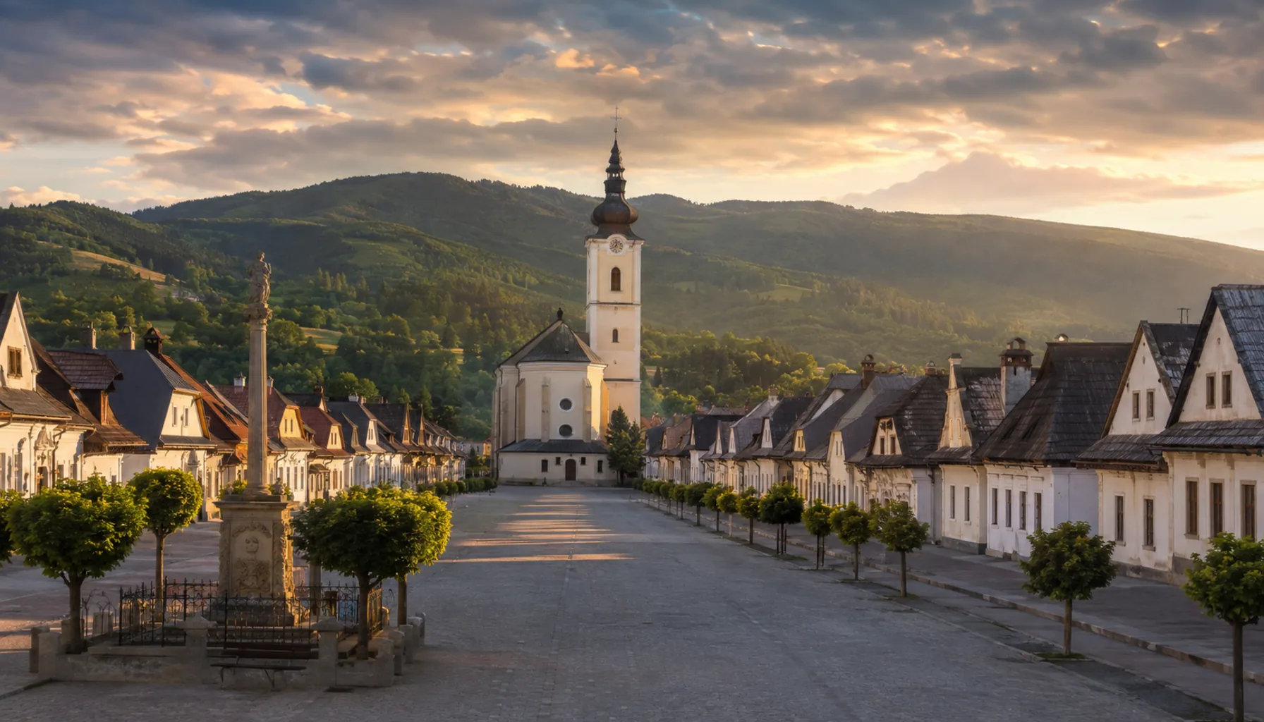 The long market square of Trstená with the parish church at its head — the only proper square in the Upper Orava