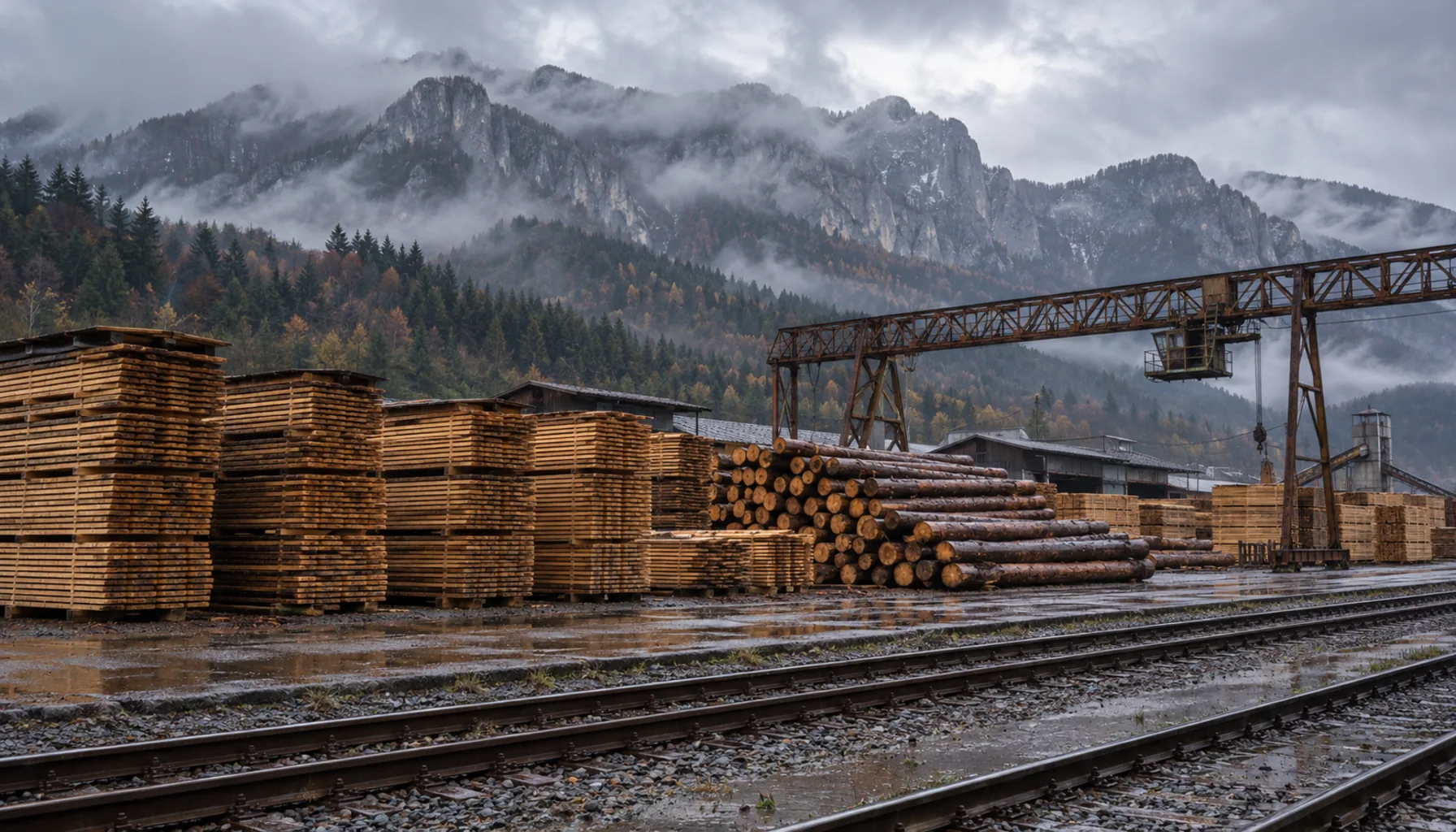 Stacks of sawn timber in the yard beside the railway at Turany, with the rock ridge of the Malá Fatra behind — the trade that made the town