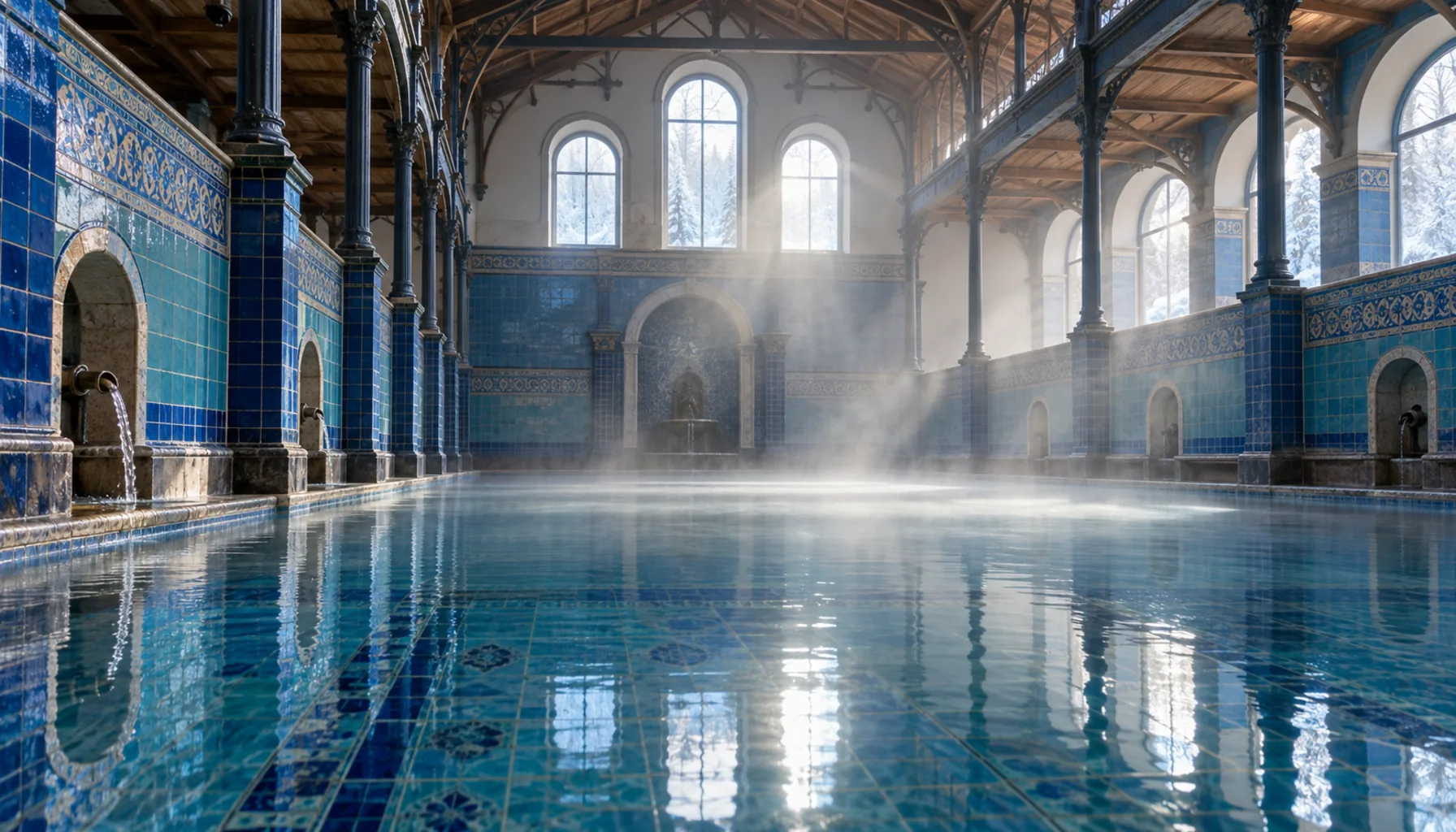 The Blue Bath at Turčianske Teplice: a tiled thermal pool under its nineteenth-century roof, still in daily use