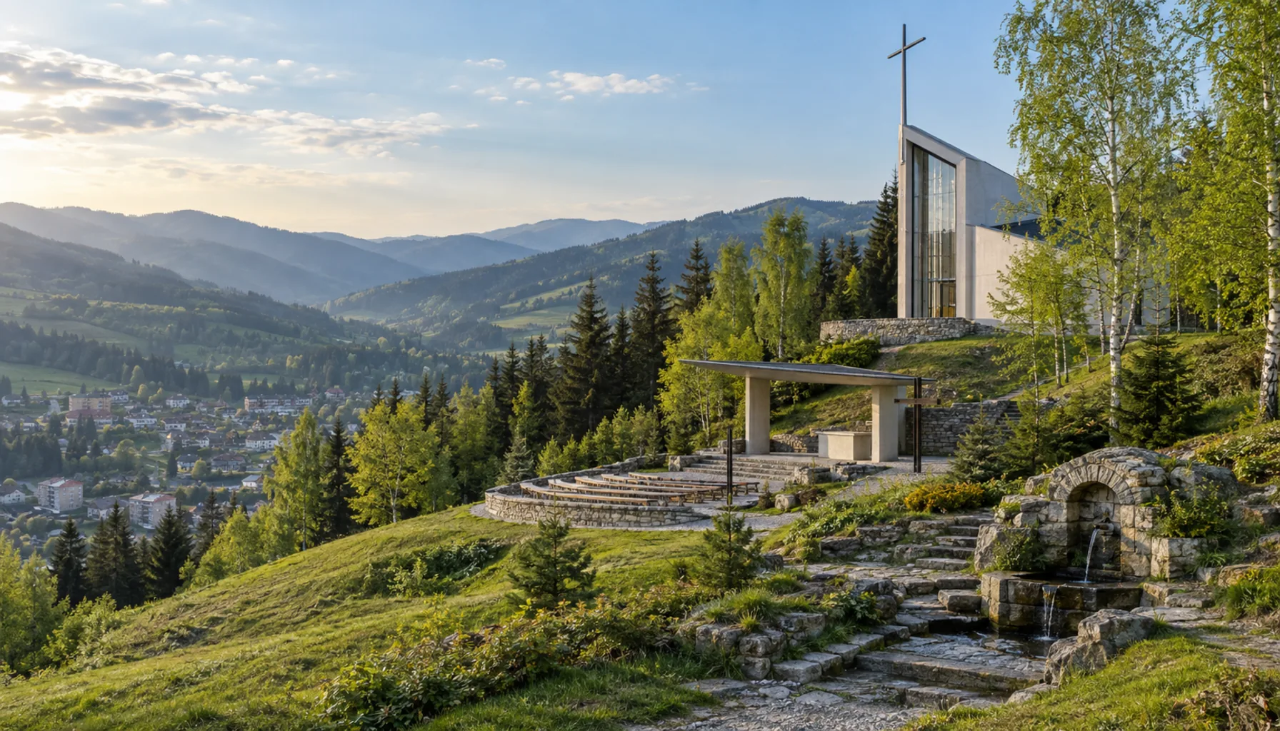 The pilgrimage church on Živčáková hill above Turzovka, among birch and spruce with the Kysuce ridges beyond