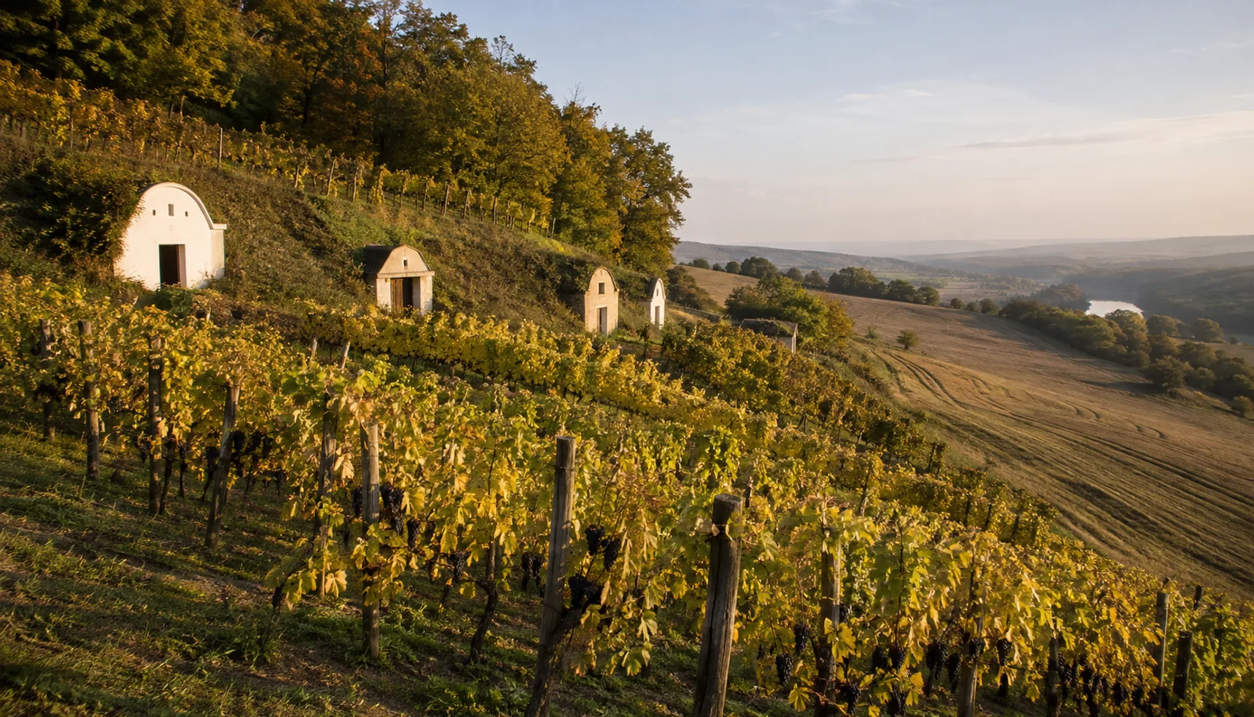 Vineyards on the warm south-facing slopes above Veľký Krtíš, part of the Southern Slovakia wine region, with small growers' cellars among them