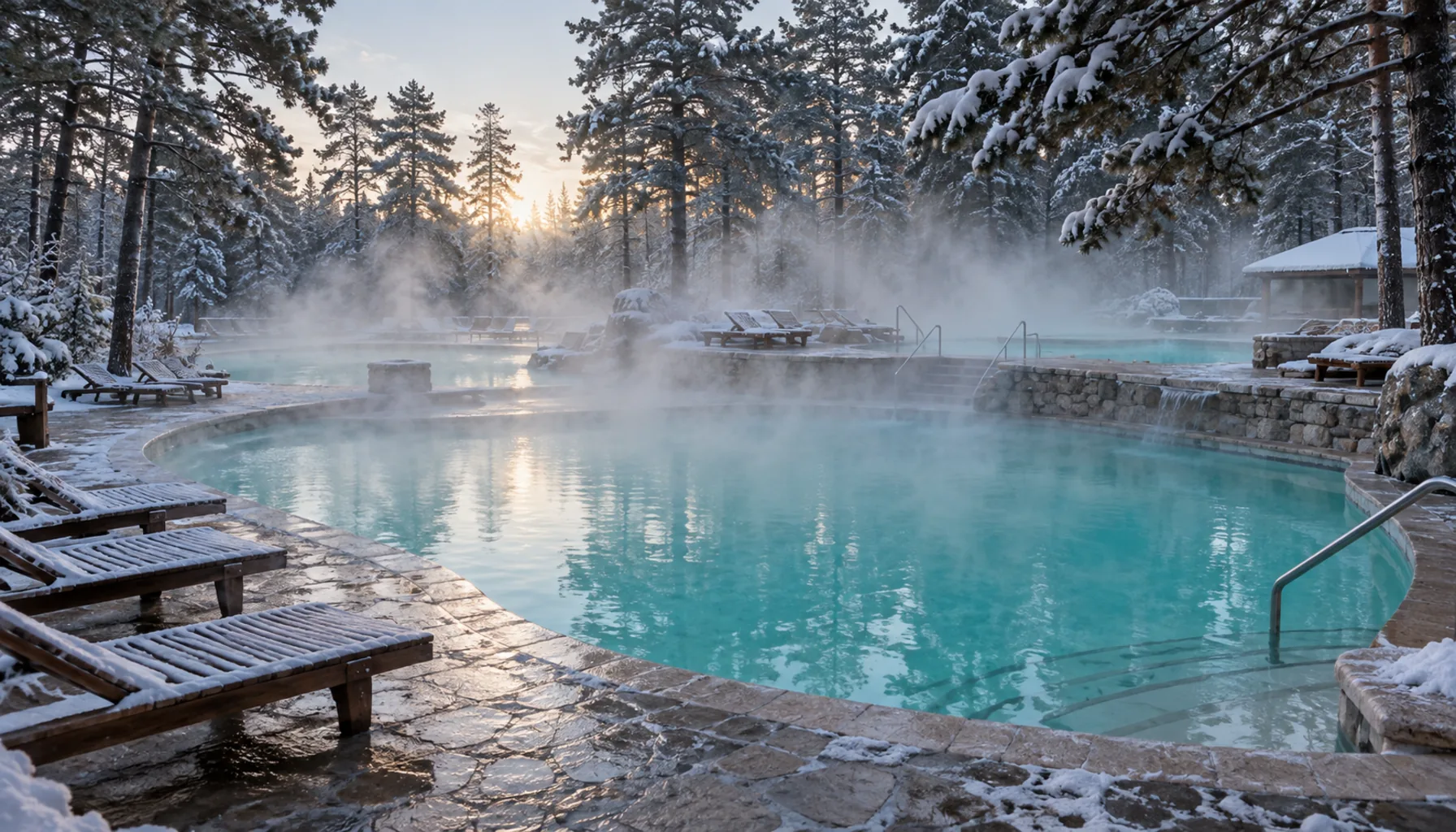 Steam rising off the outdoor thermal basins at Veľký Meder, which are laid out among mature pines rather than on open ground