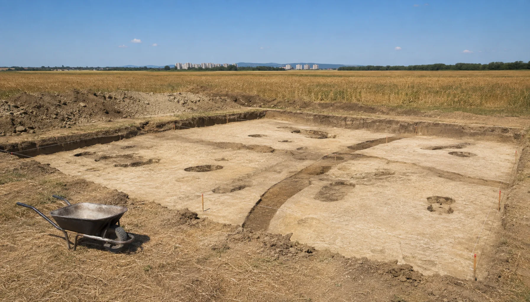 An open archaeological trench in the fields outside Vráble, where one of the largest early farming settlements in Central Europe is being excavated