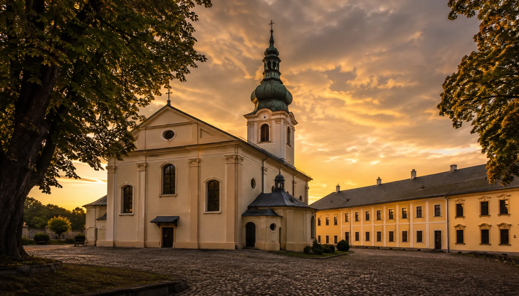 The Pauline pilgrimage church at the centre of Vranov nad Topľou, with the Rosary chapel and the monastery ranges beside it