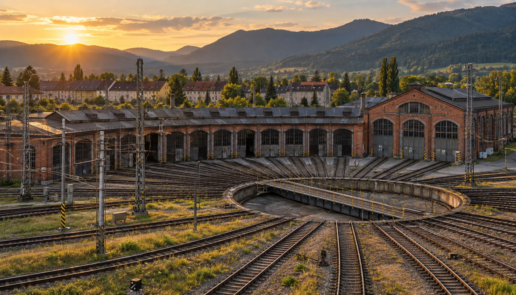 The locomotive depot and yards at Vrútky — the junction the railway built, and the trade the town still lives on