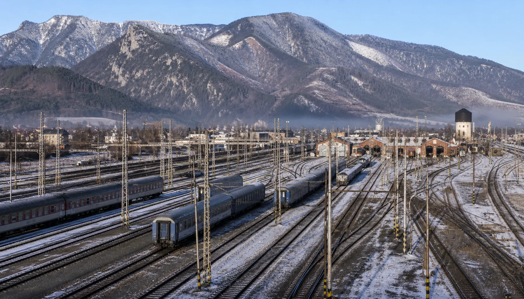 The railway yards at Vrútky below the ridges of the Malá Fatra