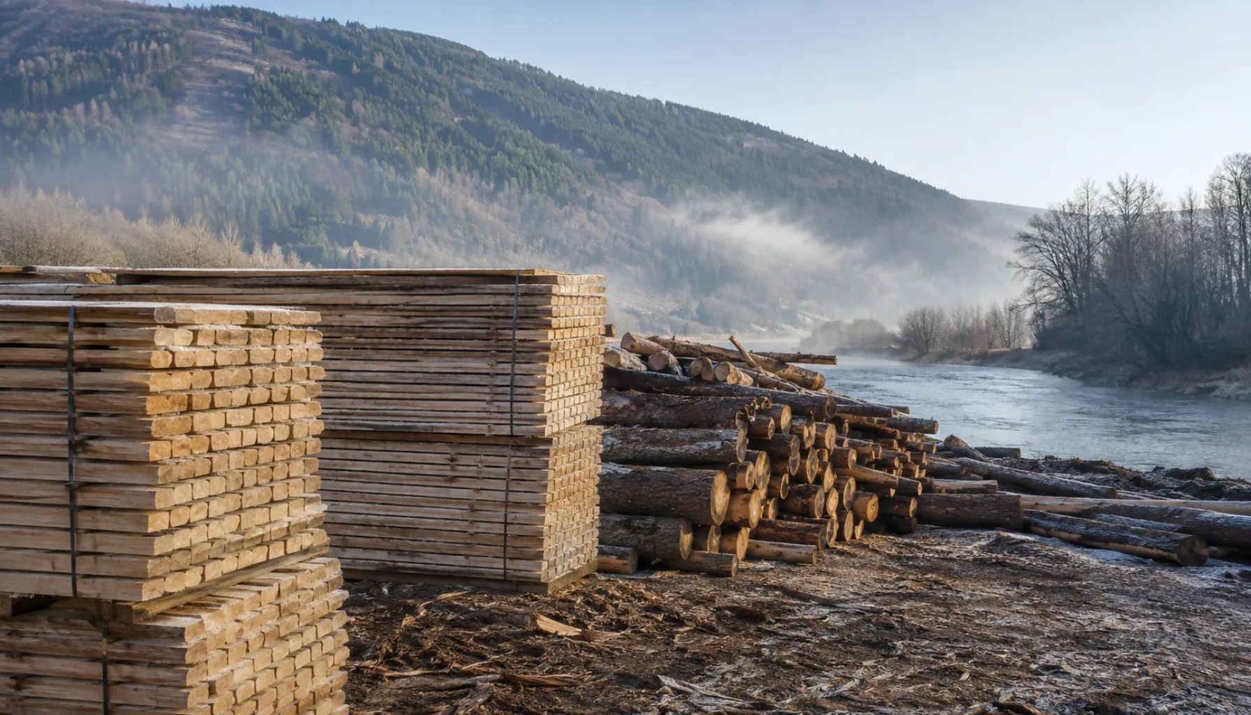 Stacked sawn spruce at a Žarnovica timber yard, the trade that has been the town's industry since logs were floated down the Hron