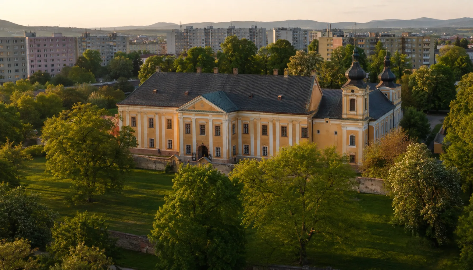 The Baroque manor house the bishops of Banská Bystrica used as their summer residence, left standing with its park in the middle of post-war Žiar nad Hronom