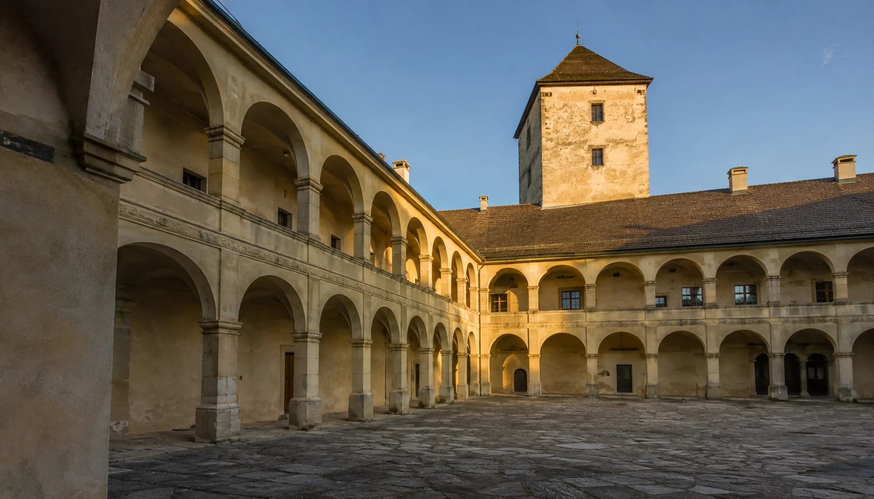 The arcaded courtyard of Zvolen's royal castle, built as a hunting seat at the lower end of the town's long square
