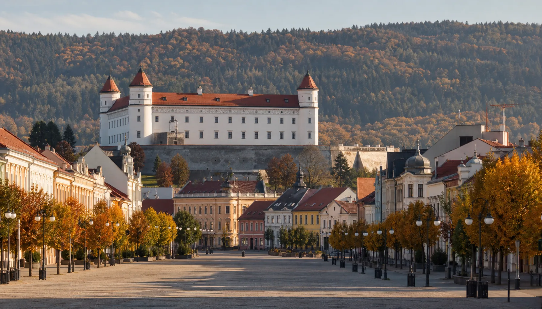 Zvolen Castle closing the lower end of the town's long main square