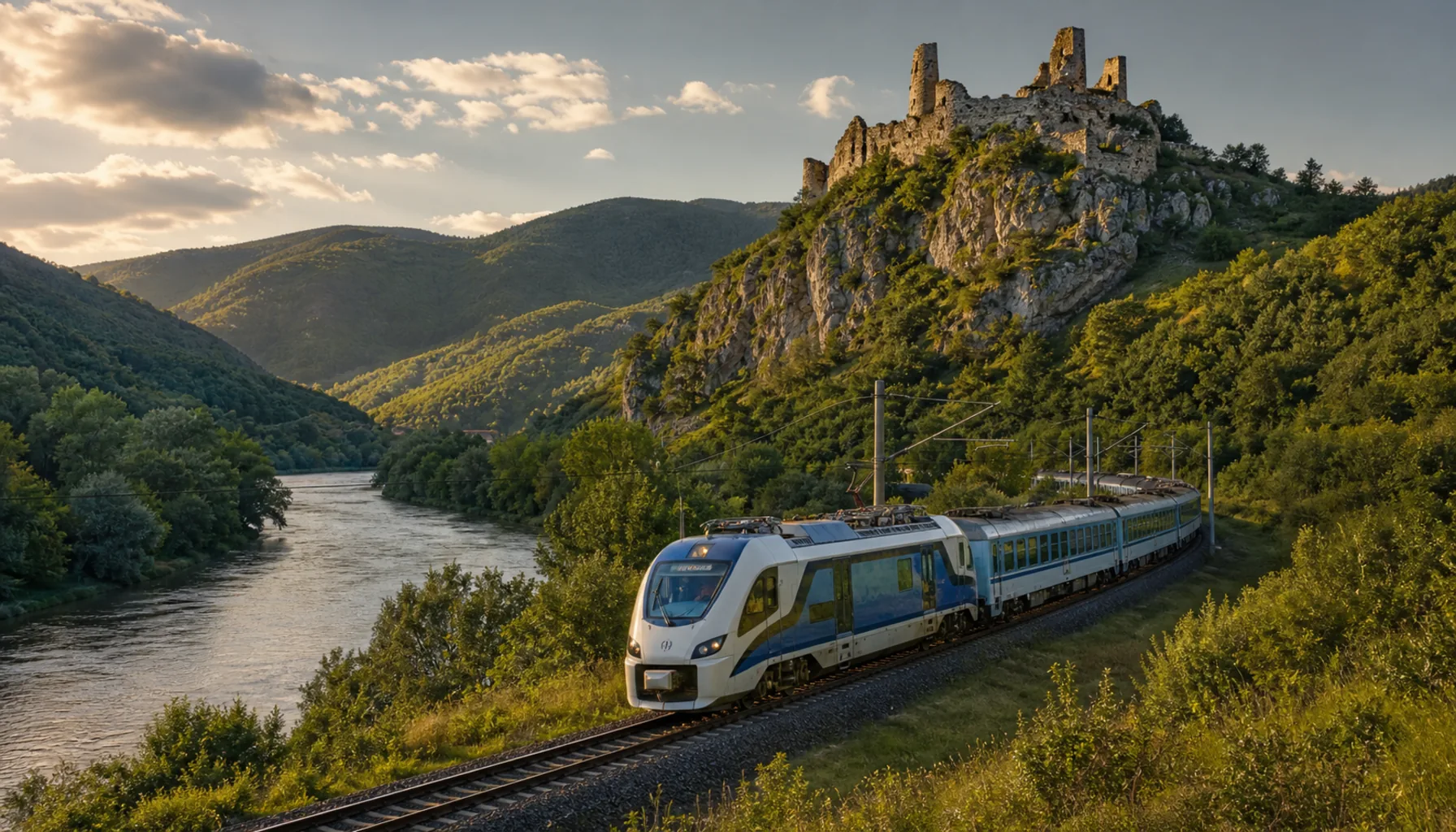 An express sweeps along the Váh valley on the Bratislava–Košice mainline, castle country on both sides