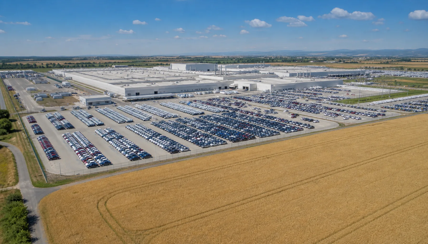 Long assembly halls and a finished-car yard of the Trnava car plant spread across the flat lowland