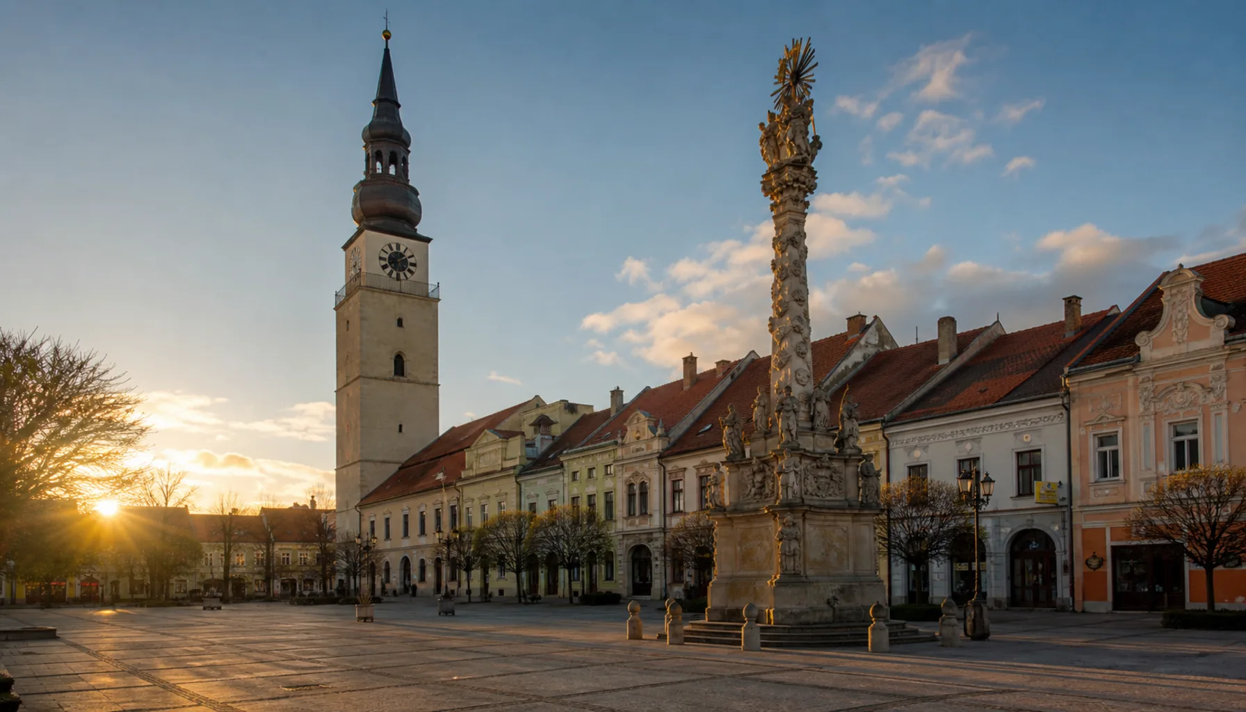 The city tower above Trojičné námestie — the walled town's main square
