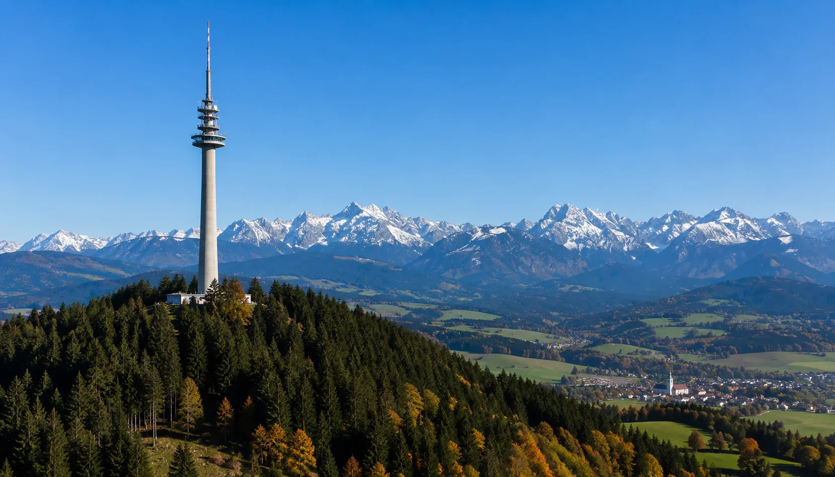 A transmitter tower in the Bavarian foothills of the Alps