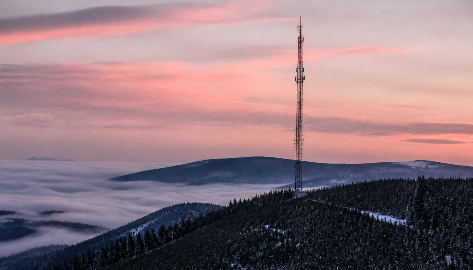 A transmitter mast on a ridge above the forest at first light
