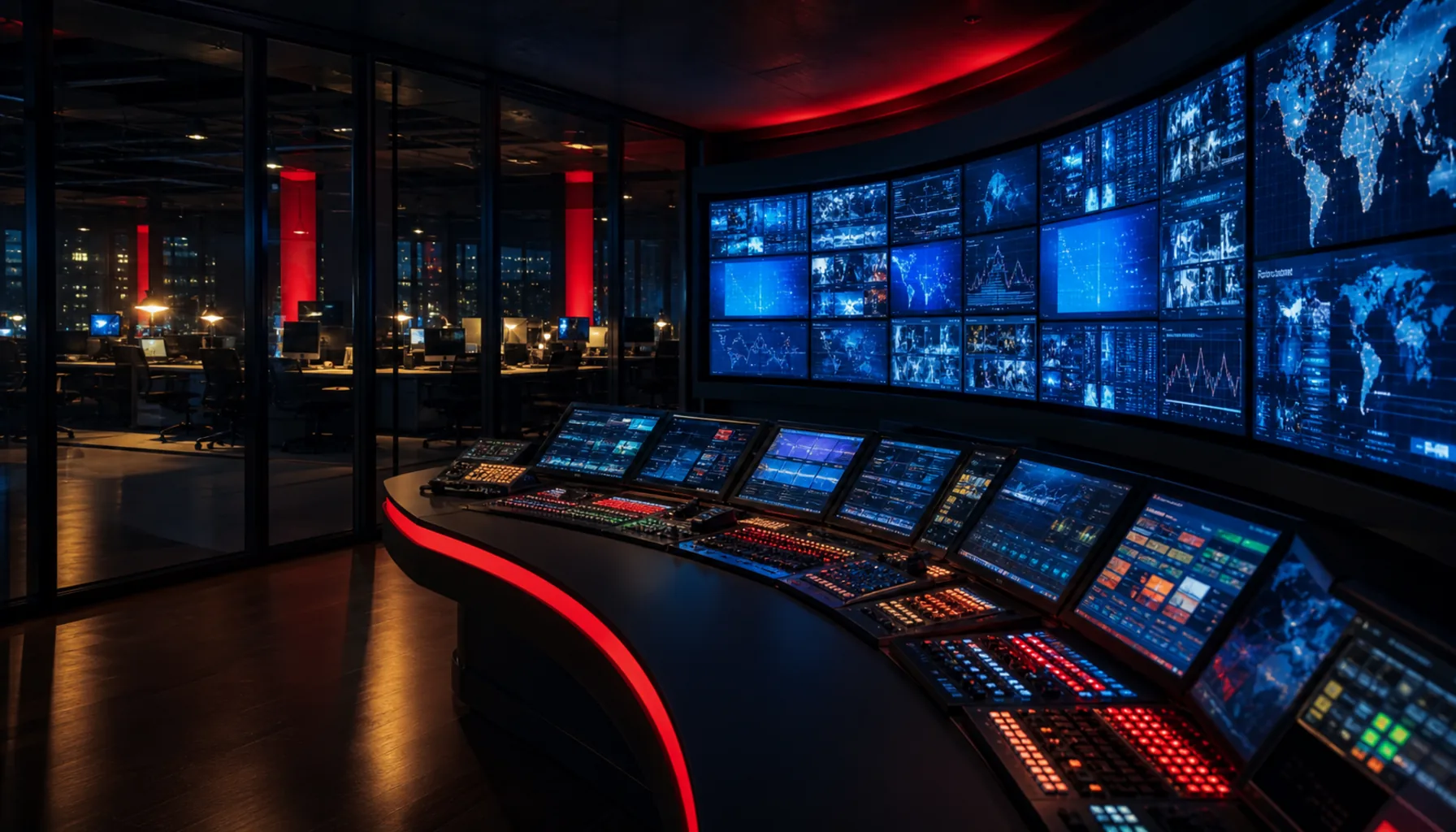 A television news control room glowing late in the evening
