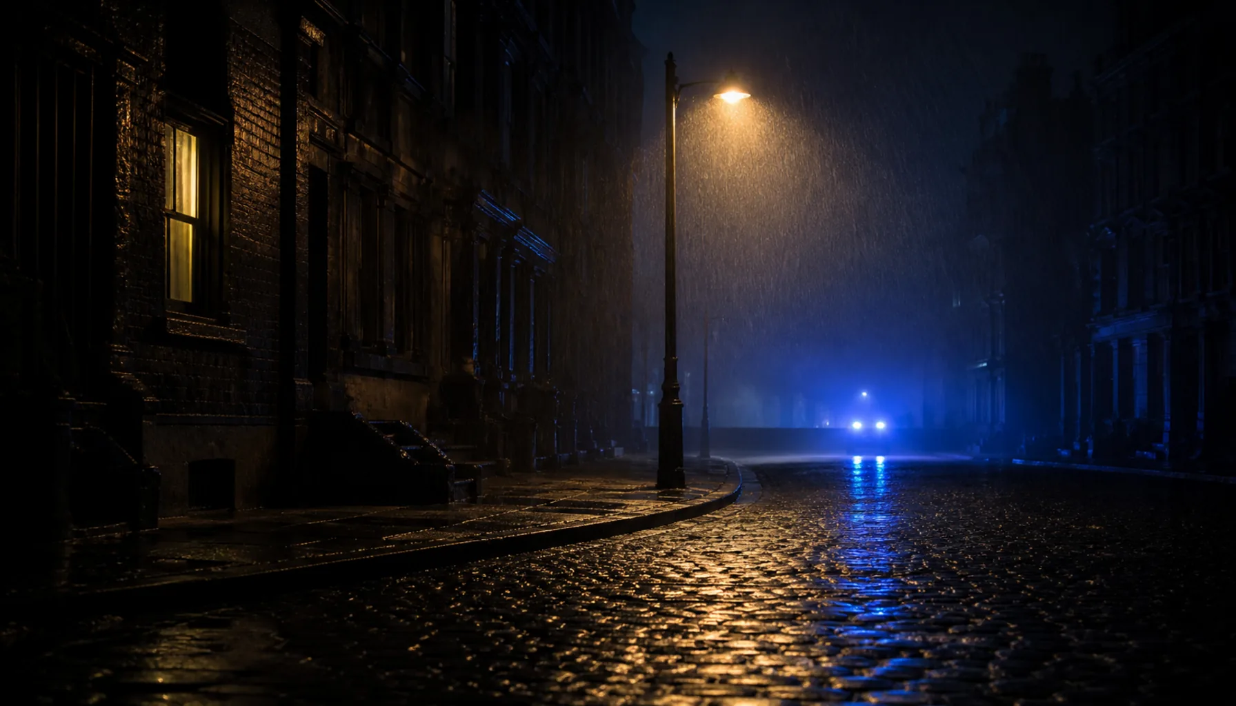 A rain-slicked night street under a police beacon’s glow