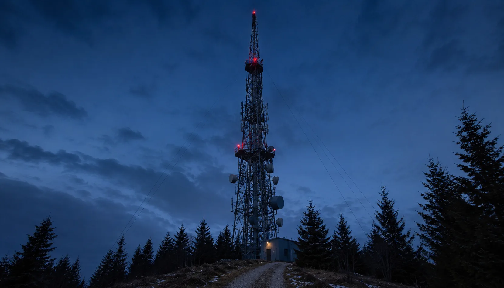 A television transmitter mast on a forested ridge, the hardware a national channel runs on