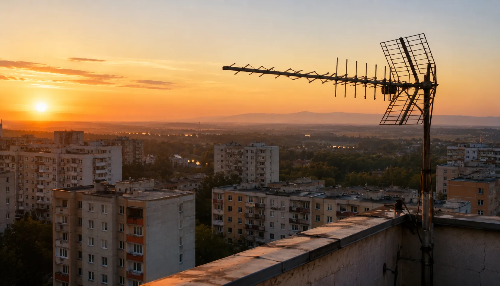 A rooftop aerial in Bratislava pointed west toward Vienna