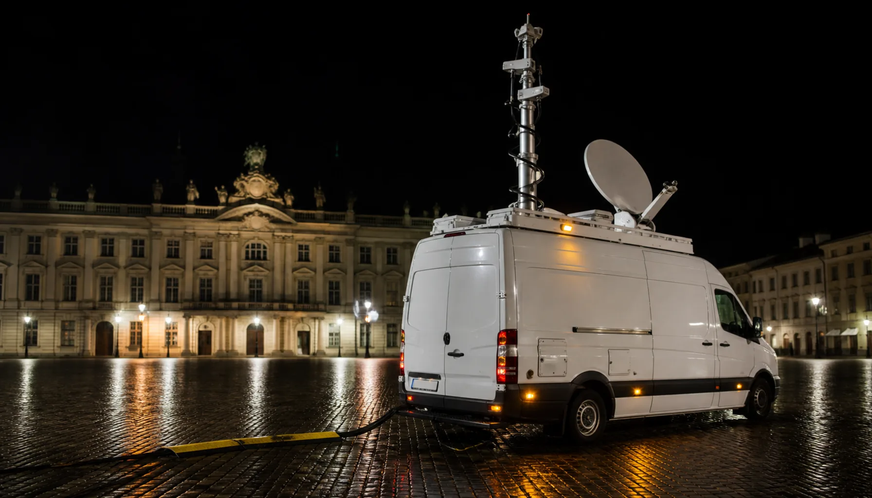 An outside-broadcast van with its dish raised on a wet square at night