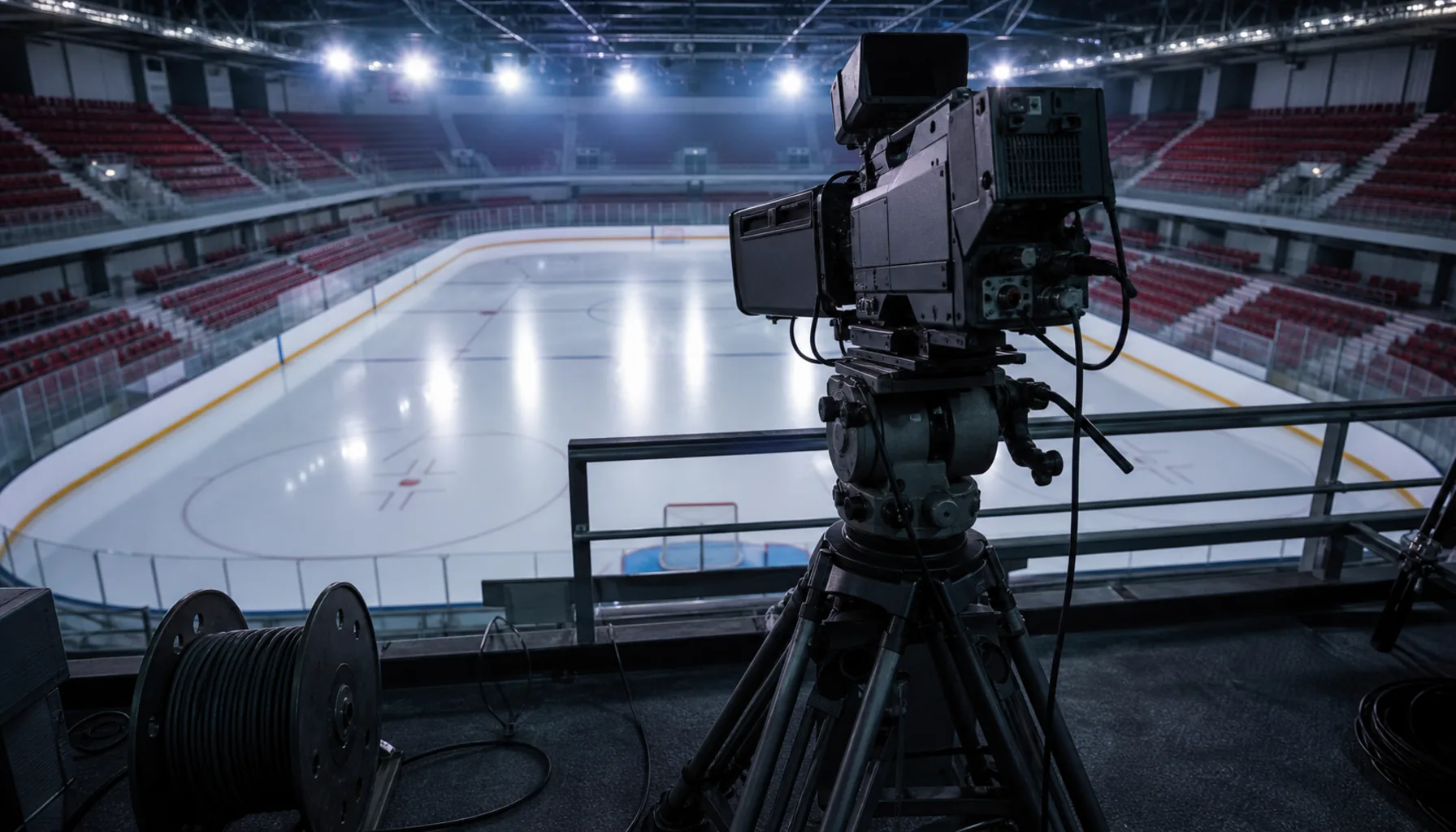 A broadcast camera position above an empty floodlit ice rink