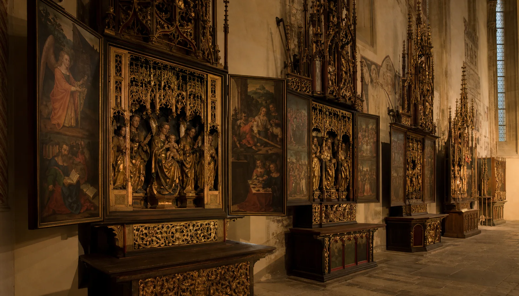 Late-Gothic winged altars in the Basilica of St Giles, Bardejov — almost all still standing where they were made to stand