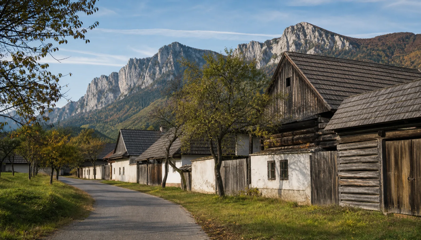Log houses and wooden gates on the village street at Blatnica, the Veľká Fatra crags behind
