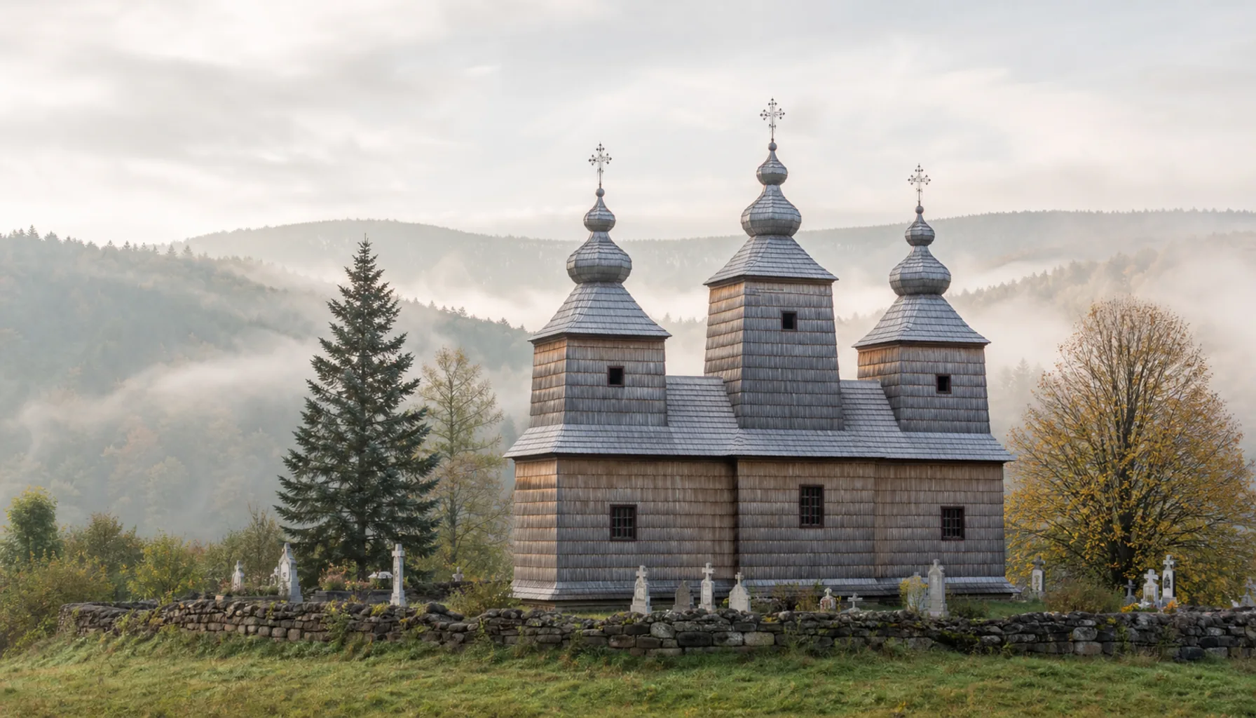 The three shingled towers of St Nicholas at Bodružal above its walled graveyard