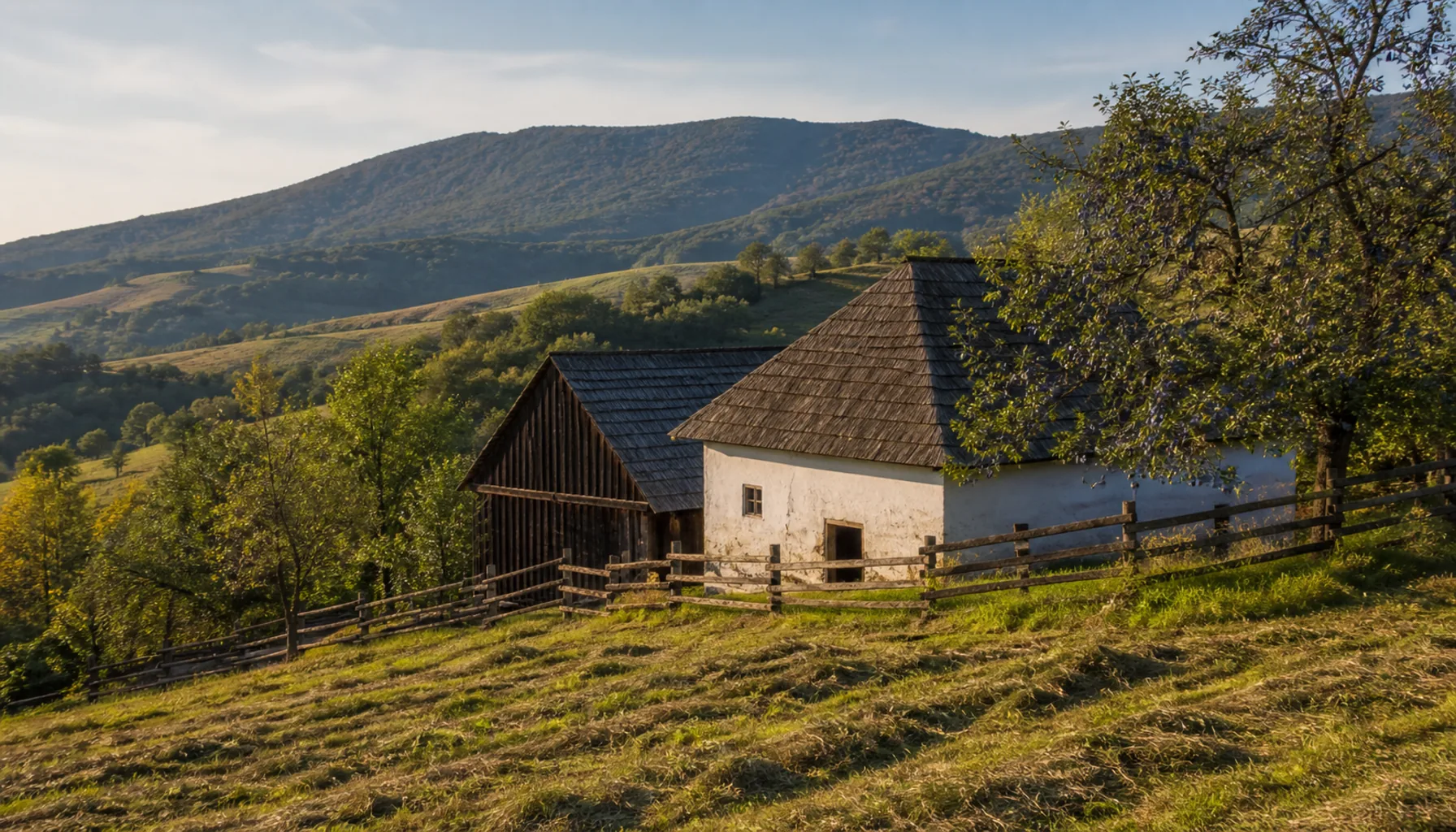 A kopanica farmstead on the slope above Bzince pod Javorinou, with Veľká Javorina behind