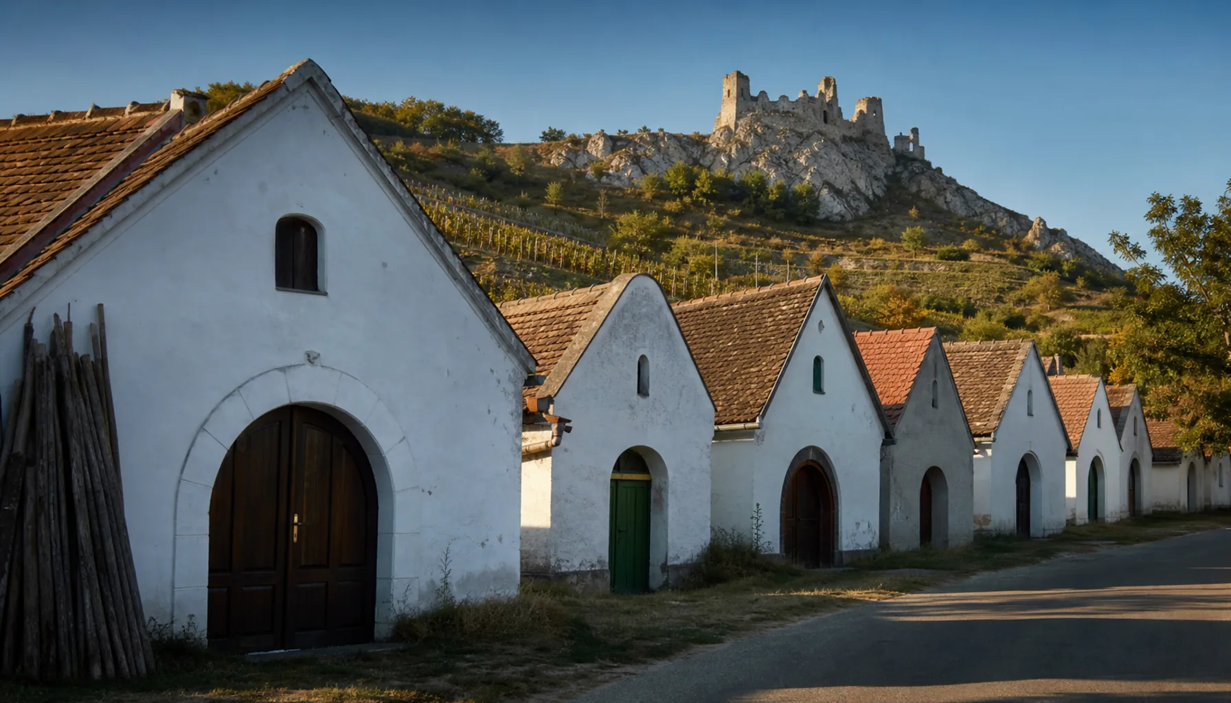 A village lane in Čachtice, with the vineyards and the castle ridge behind