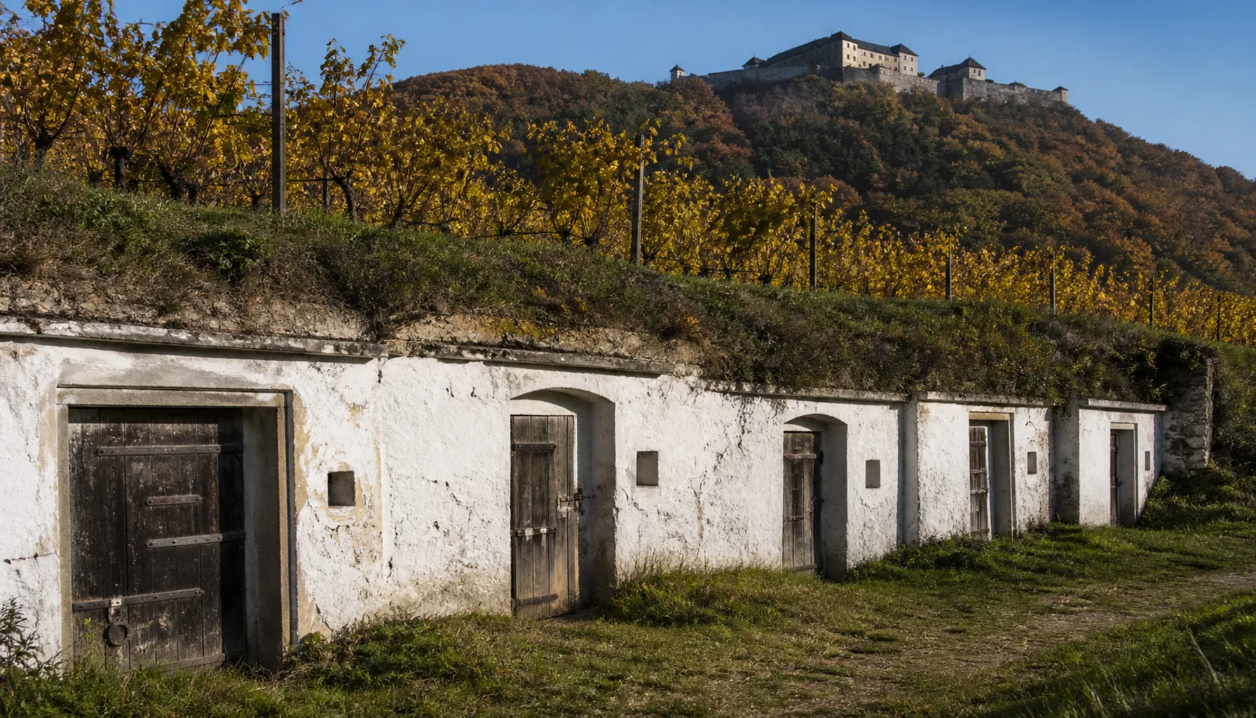 Vineyard cellars on the slope above Častá, with the wooded ridge and Červený Kameň behind