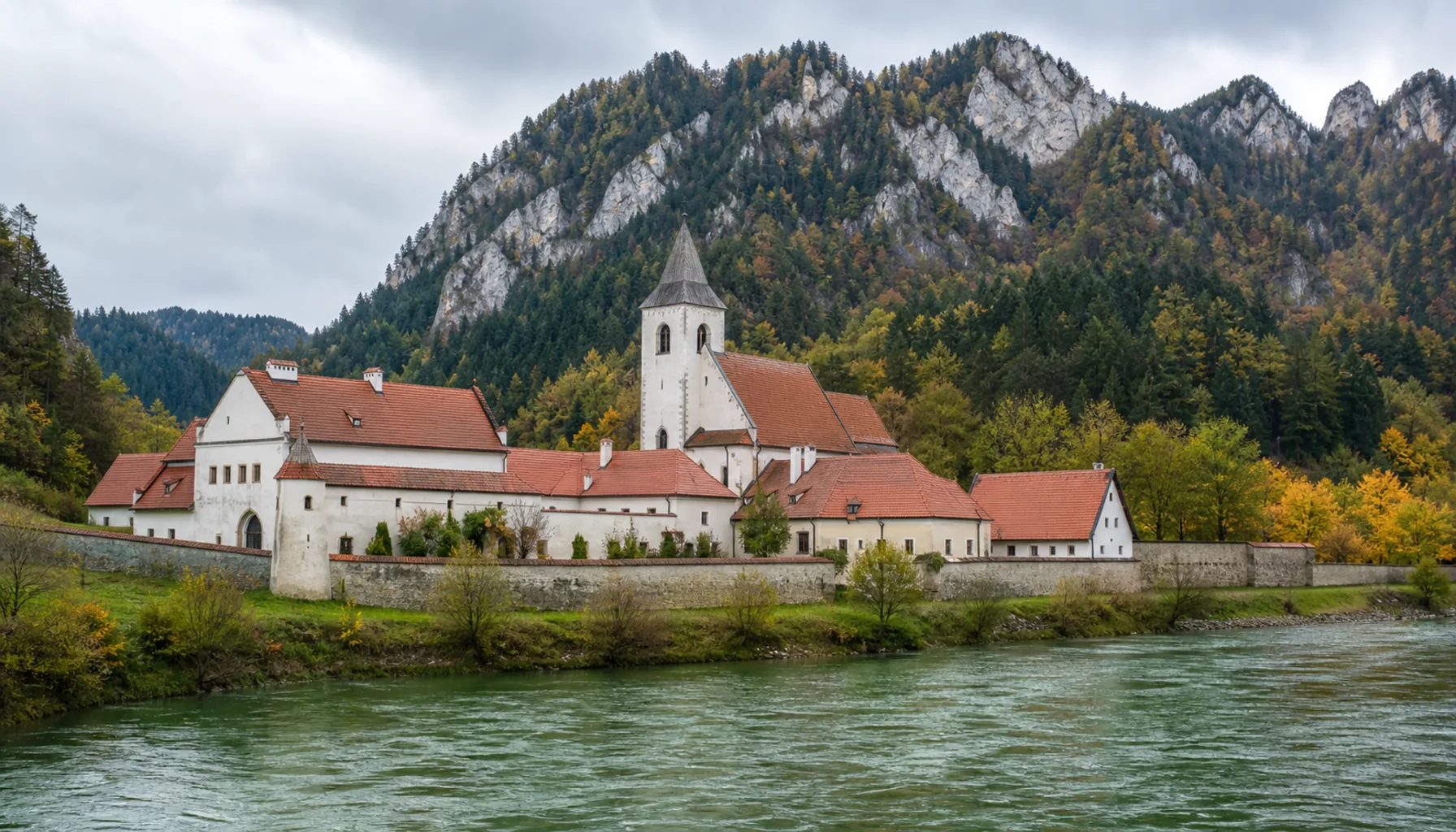 The walled monastery of Červený Kláštor above the Dunajec, the Pieniny behind