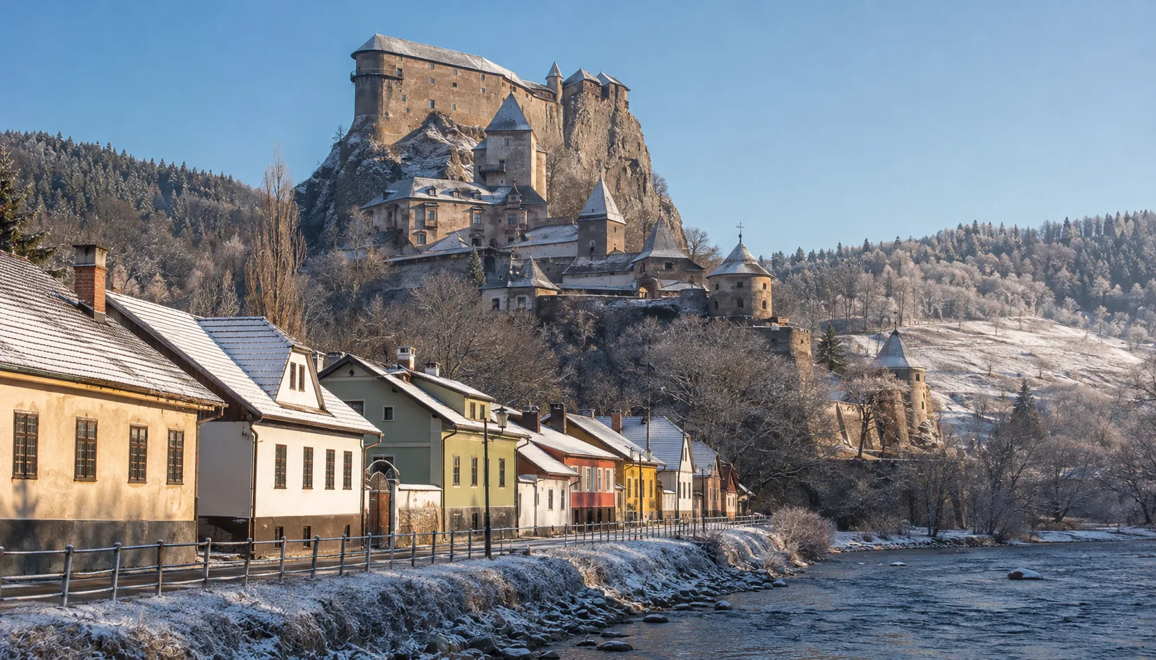 The village street at Oravský Podzámok under the tiers of Orava Castle